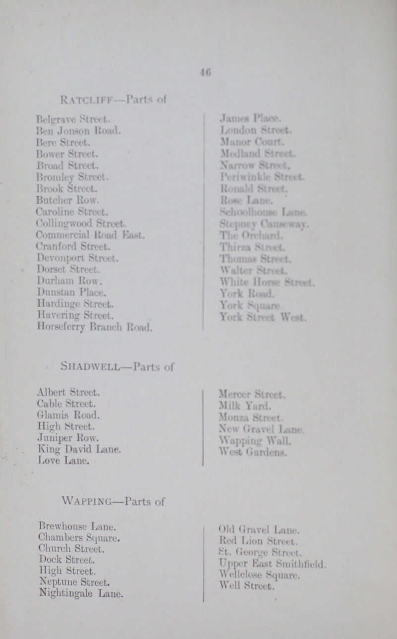 46 RATCLIFF— Part* of Belgrave Street. Ben Jonson Road. Bere Street. Bower Street. Broad Street. Bromley Street. Brook Street. Butcher Row. Caroline Street. Collingwood Street. Commercial Road East. Cranford Street. Devonport Street. Dorset Street. Durham Row. Dunstan Place. Hardinge Street. Havering Street. Horseferry Branch Road. James Plan. London Street. Manor Court. Medland Street. Narrow Street. Periwinkle Street. Ronald Street. Rose Lane. Schoolhouse Lane. Stepney Conse way. The Orchard. Thirza Street, Thomas Street. Walter Street. White House Street. York Road. York Square York Street West Shadwell—Parts of Albert Street. Cable Street. Glamis Road. High Street. Juniper Row. King David Lane. Love Lane. Mercer Street. M.Ik Yard. Monza Street. New Gravel Lane. Wapping Willi. West Gardens. Wapping—Parts of Brewhouse Lane. Chambers Square. Church Street. Dock Street. High Street. Neptune Street. Nightingale Lane. Old Gravel Lane. Red Lion Street. St. George Street. Upper East Smithfield Wellclose Square. Well Street.