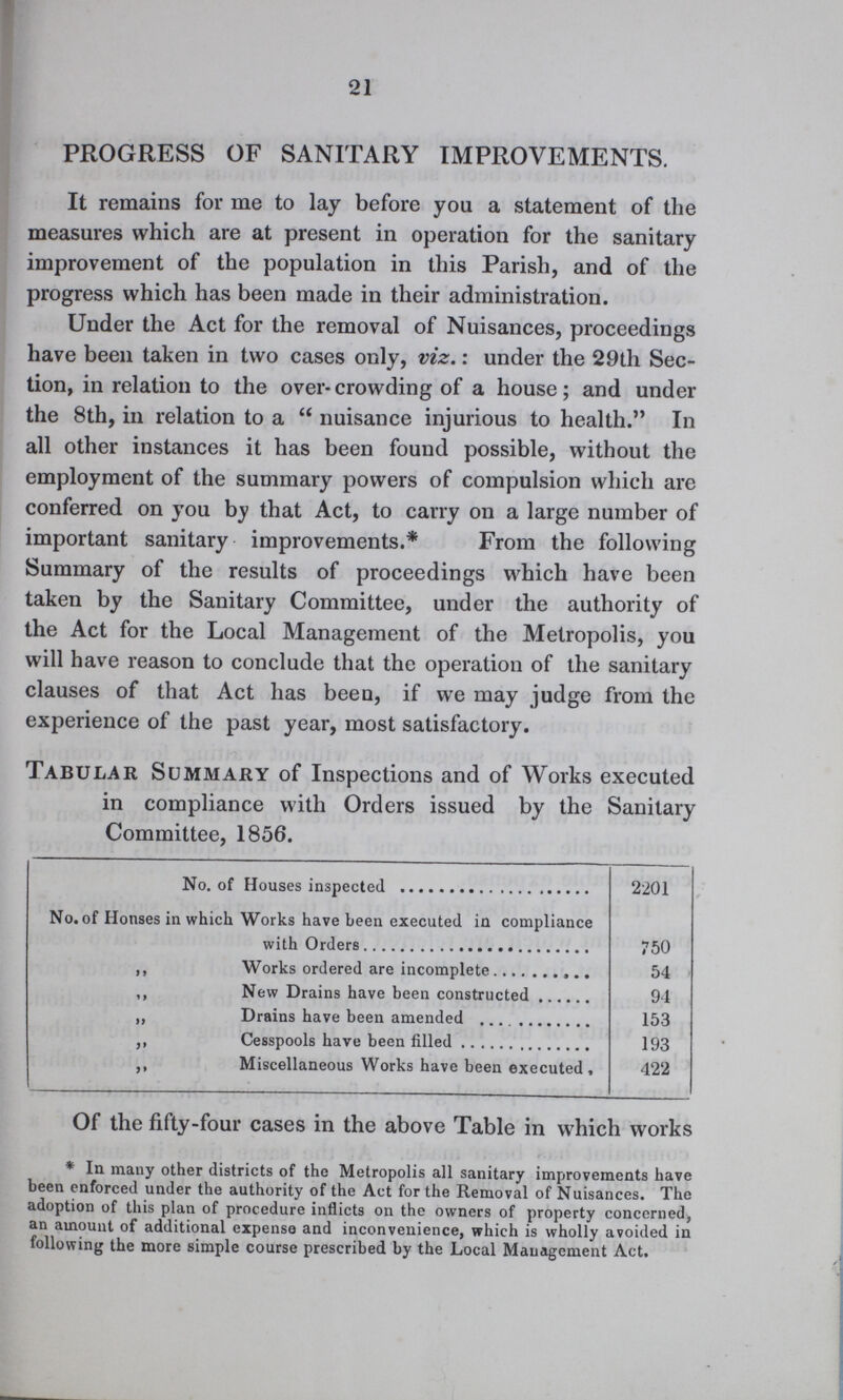 21 PROGRESS OF SANITARY IMPROVEMENTS. It remains for me to lay before you a statement of the measures which are at present in operation for the sanitary improvement of the population in this Parish, and of the progress which has been made in their administration. Under the Act for the removal of Nuisances, proceedings have been taken in two cases only, viz.: under the 29th Sec tion, in relation to the over-crowding of a house; and under the 8th, in relation to a nuisance injurious to health. In all other instances it has been found possible, without the employment of the summary powers of compulsion which are conferred on you by that Act, to carry on a large number of important sanitary improvements.* From the following Summary of the results of proceedings which have been taken by the Sanitary Committee, under the authority of the Act for the Local Management of the Metropolis, you will have reason to conclude that the operation of the sanitary clauses of that Act has been, if we may judge from the experience of the past year, most satisfactory. Tabular Summary of Inspections and of Works executed in compliance with Orders issued by the Sanitary Committee, 1856. No. of Houses inspected 2201 No. of Honses in which Works have been executed in compliance with Orders 750 ,, Works ordered are incomplete 54 ,, New Drains have been constructed 94 „ Drains have been amended 153 ,, Cesspools have been filled 193 ,, Miscellaneous Works have been executed, 422 Of the fifty-four cases in the above Table in which works * In many other districts of the Metropolis all sanitary improvements have been enforced under the authority of the Act for the Removal of Nuisances. The adoption of this plan of procedure inflicts on the owners of property concerned, an amount of additional expense and inconvenience, which is wholly avoided in following the more simple course prescribed by the Local Management Act.