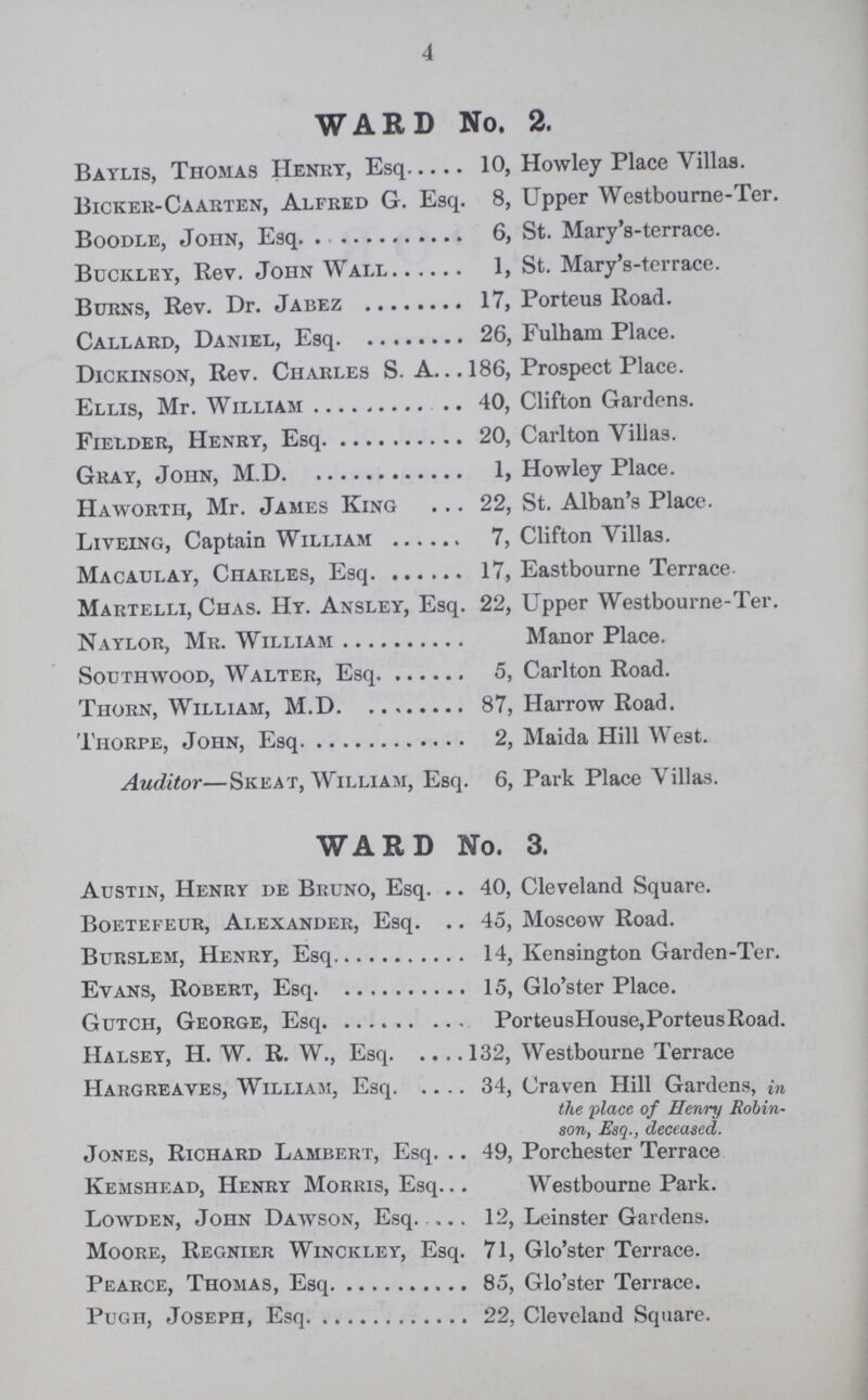 4 WARD No. 2. Baylis, Thomas Henry, Esq 10, Howley Place Villas. Bicker-Caarten, Alfred G. Esq. 8, Upper Westbourne-Ter. Boodle, John, Esq. 6, St. Mary's-terrace. Buckley, Rev. John Wall 1, St. Mary's-terrace. Burns, Rev. Dr. Jabez 17, Porteus Roacl. Callard, Daniel, Esq 26, Fulham Place. Dickinson, Rev. Charles S. A 186, Prospect Place. Ellis, Mr. William 40, Clifton Gardens. Fielder, Henry, Esq 20, Carlton Villas. Gray, John, M.D 1, Howley Place. Haworth, Mr. James King 22, St. Alban's Place. Liveing, Captain William 7, Clifton Villas. Macaulay, Charles, Esq 17, Eastbourne Terrace Martelli, Chas. Hy. Ansley, Esq. 22, Upper Westbourne-Ter. Naylor, Mr. William Manor Place. South wood, Walter, Esq 5, Carlton Road. Thorn, William, M.D 87, Harrow Road. Thorpe, John, Esq 2, Maida Hill West. Auditor—Skeat, William, Esq. 6, Park Place Villas. WARD No. 3. Austin, Henry de Bruno, Esq 40, Cleveland Square. Boetefeur, Alexander, Esq. .. 45, Moscow Road. Burslem, Henry, Esq 14, Kensington Garden-Ter. Evans, Robert, Esq 15, Glo'ster Place. Gutch, George, Esq PorteusHouse,PorteusRoad. Halsey, H. W. R. W., Esq 132, Westbourne Terrace Hargreaves, William, Esq 34, Craven Hill Gardens, in the place of Henry Robin son, Esq., deceased. Jones, Richard Lambert, Esq 49, Porchester Terrace Kemshead, Henry Morris, Esq Westbourne Park. Lowden, John Dawson, Esq 12, Leinster Gardens. Moore, Regnier Winckley, Esq. 71, Glo'ster Terrace. Pearce, Thomas, Esq 85, Glo'ster Terrace. Pugh, Joseph, Esq 22, Cleveland Square.