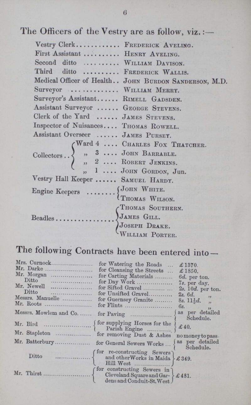 6 The Officers of the Vestry are as follow, viz.:— Vestry Clerk Frederick Aveling. First Assistant Henry Aveling. Second ditto William Davison. Third ditto Frederick Wallis. Medical Officer of Health.. John Burdon Sanderson, M.D. Surveyor William Merry. Surveyor's Assistant Rimell Gadsden. Assistant Surveyor George Stevens. Clerk of the Yard James Stevens. Inspector of Nuisances Thomas Rowell. Assistant Overseer James Pursey. Collectors Ward 4 Charles Fox Thatcher. „ 3 John Barrable. „ 2 Robert Jenkins. „ 1 john Gordon, Jun. Vestry Hall Keeper Samuel Hardy. Engine Keepers John White. Thomas Wilson. Beadles Thomas Southern. James Gill. Joseph Drake. William Porter. The following Contracts have been entered into — Mrs. Curnock for Watering the Roads £1370. Mr. Darke for Cleansing the Streets £1850. Mr. Morgan for Carting Materials 6d. per ton. Ditto for Day Work 7s. per day. Mr. Newell for Sifted Gravel 2s. l0d. per ton. Ditto for Unsifted Gravel 2s. 6d. „ Messrs. Manuelle for Guernsey Granite 8s. 11½d. „ Mr. Roots for Flints 6s. „ Messrs. Mowlem and Co for Paving as detailed Schedule. Mr. Bird for supplying Horses for the Parish Engine £40. Mr. Stapleton for removing Dust & Ashes no money to pass. Mr. Batterbury for General Sewers Works as per detailed Schedule. Ditto for re-constructing Sewers and other Works in Maida. Hill West £349. Mr. Thirst for constructing Sewers in Cleveland Square and Gar¬ dens and Conduit-St. West £481