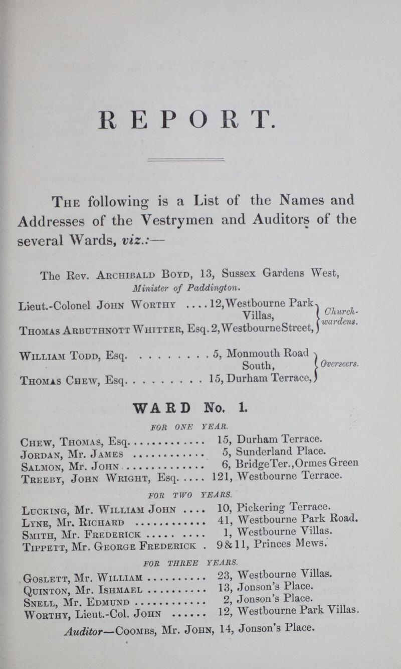 REPORT. The following is a List of the Names and Addresses of the Vestrymen and Auditors of the several Wards, viz.:— The Rev. Archibald Boyd, 13, Sussex Gardens West, Minister of Paddington. Lieut.-Colonel John Worthy 12,Westbourne Park Villas, Thomas Arbuthnott Whitter, Esq. 2, Westbourne Street, William Todd, Esq. 5, Monmouth Road South, Thomas Chew, Esq 15, Durham Terrace, Church. wardens. Overseers. WARD No. 1. FOR ONE YEAR. Chew, Thomas, Esq. 15, Durham Terrace. Jordan, Mr. James 5, Sunderland Place. Salmon, Mr. John 6, BridgeTer.,OrmesGreen Treeby, John Wright, Esq. 121, Westbourne Terrace. FOR TWO YEARS. Lucking, Mr. William John 10, Pickering Terrace. Lyne, Mr. Richard 41, Westbourne Park Road. Smith, Mr. Frederick 1, Westbourne Villas. Tippett, Mr. George Frederick . 98c 11, Princes Mews. FOR THREE YEARS. Goslett, Mr. William 23, Westbourne Villas. Quinton, Mr. Ishmael 13, Jonson's Place. Snell, Mr. Edmund 2, Jonson's Place. Worthy, Lieut.-Col. John 12, Westbourne Park Villas. Auditor—Coombs, Mr. John, 14, Jonson's Place.