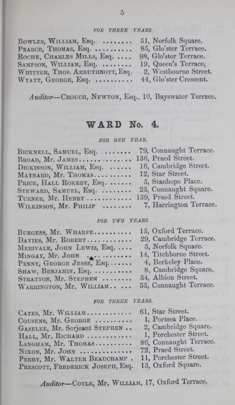 5 FOR THREE YEARS. Bowles, William, Esq. 51, Norfolk Square. Pearce, Thomas, Esq. 85, Glo'ster Terrace. Roche, Charles Mills, Esq. 98, Glo'ster Terrace. Sampson, William, Esq. 19, Queen's Terrace, Whitter, Thos. Arbuthnott, Esq. 2, Westbourne Street. Wyatt, George, Esq. 44, Glo'ster Crescent. Auditor—Crouch, Newton, Esq., 10, Bayswater Terrace. WARD No. 4. FOR ONE TEAR. Bicknell, Samuel, Esq. 79, Connaught Terrace. Broad, Mr. James 136, Praed Street. Dickinson, William, Esq. 16, Cambridge Street. Maynard, Mr. Thomas 12, Star Street. Price, Hall Rokeby, Esq. 5, Stanhope Place. Steward, Samuel, Esq. 23, Connaught Square. Turner, Mr. Henry 139, Praed Street. Wilkinson, Mr. Philip 7, Harrington Terrace. FOR TWO YEARS. Burgess, Mr. Wharfe 15, Oxford Terrace. Davies, Mr. Robert 29, Cambridge Terrace. Merivale, John Lewis, Esq. 5, Norfolk Square. Mingay, Mr. John 14, Titchborne Street. Penny, George Jesse, Esq. 4, Berkeley Place. Shaw, Benjamin, Esq. 8, Cambridge Square. Stratton, Mr. Stephen 34, Albion Street. Warrington, Mr. William 35, Connaught Terrace. FOR THREE TEARS. Cates, Mr. William 61, Star Street. Cousens, Mr. George 1, Portsea Place. Gaselee, Mr. Serjeant Stephen 2, Cambridge Square. Hall, Mr. Richard 1, Porchester Street. Langham, Mr. Thomas 86, Connaught Terrace. Nixon, Mr. John 72, Praed Street. Perry, Mr. Walter Beauchamp 11, Porchester Street. Prescott, Frederick Joseph, Esq. 13, Oxford Square. Auditor—Coyle, Mr. William, 17, Oxford Terrace.