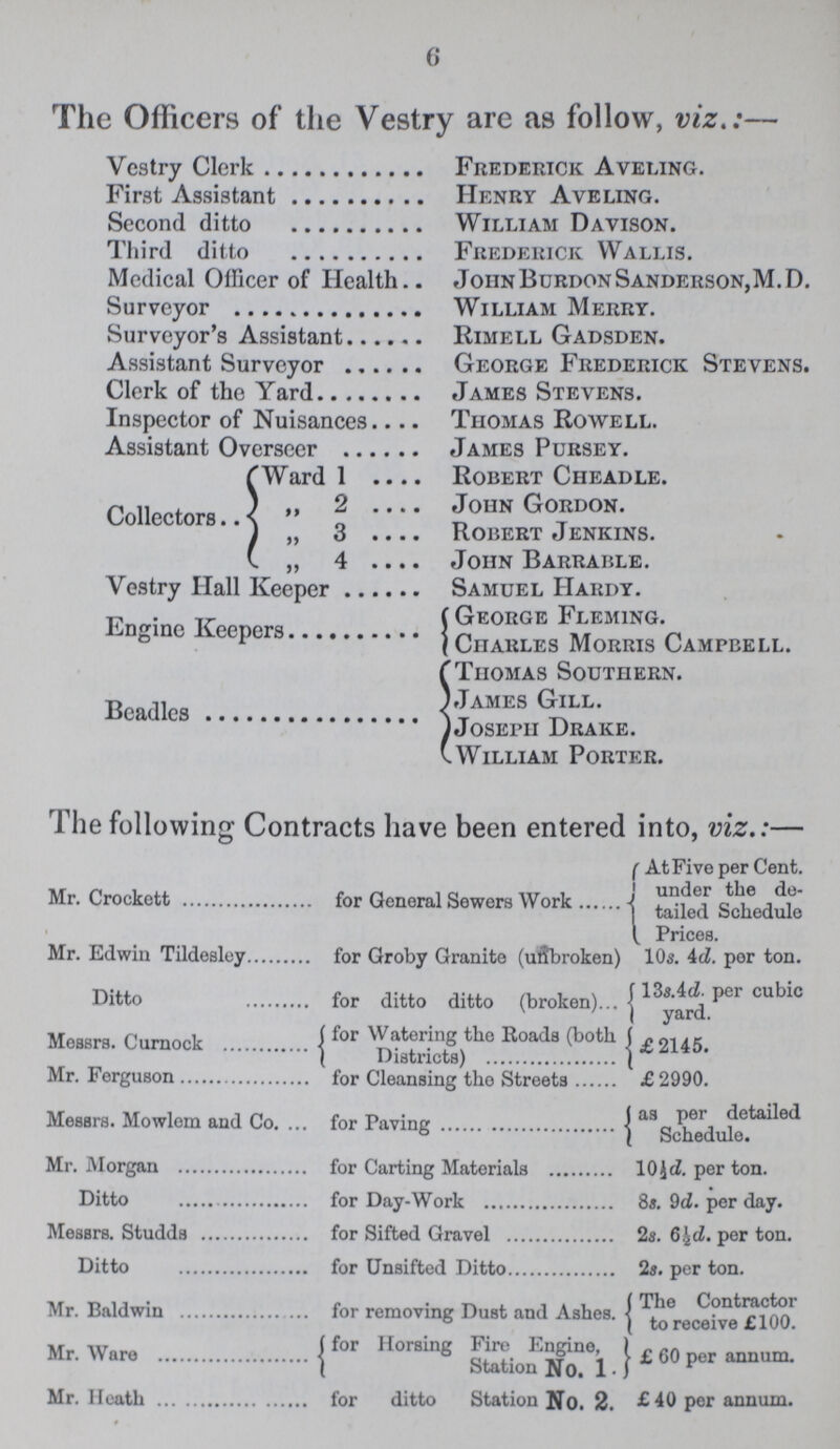 6 The Officers of the Vestry are as follow, viz.:- Vestry Clerk Frederick Aveling. First Assistant Henry Aveling. Second ditto William Davison. Third ditto Frederick Wallis. Medical Officer of Health John Burdon Sanderson, M.D. Surveyor William Merry. Surveyor's Assistant Rimell Gadsden. Assistant Surveyor George Frederick Stevens. Clerk of the Yard James Stevens. Inspector of Nuisances Thomas Rowell. Assistant Overseer James Pursey. Collectors Ward 1 Robert Cheadle. „ 2 John Gordon. „ 3 Robeet Jenkins. „ 4 John Barrable. Vestry Hall Keeper Samuel Hardy. Engine Keepers George Fleming. „ Charles Morris Campbell. Beadles Thomas Southern. James Gill. Joseph Drake. William Porter. The following Contracts have been entered into, viz.:— Mr. Crockett for General Sewers Work At Five per Cent. under the de tailed Schedule Prices. Mr. Edwin Tildesley for Groby Granite (unbroken) 10s. 4d. poe ton. Ditto for ditto ditto (broken) 13s. 4d per cubic yard. Messrs. Curnock for Watering the Roads (both Districts) £2145. Mr. Ferguson . for Cleansing the Streets £2990. Messrs. Mowlem and Co. for Paying as per detailed Schedule. Mr. Morgan for Carting Materials 10½d. per ton. Ditto for Day-Work 8s. 9d. per day. Messrs. Studds for Sifted Gravel 2s. 6½d. per ton. Ditto for Unsifted Ditto 2s. per ton. Mr. Baldwin for removing Dust and Ashes. The Contractor to receive £100. Mr. Ware for Horsing Fire Engine, Station No. 1 £ 60 per annum. Mr. Heath for ditto Station No. 2 £40 per annum.