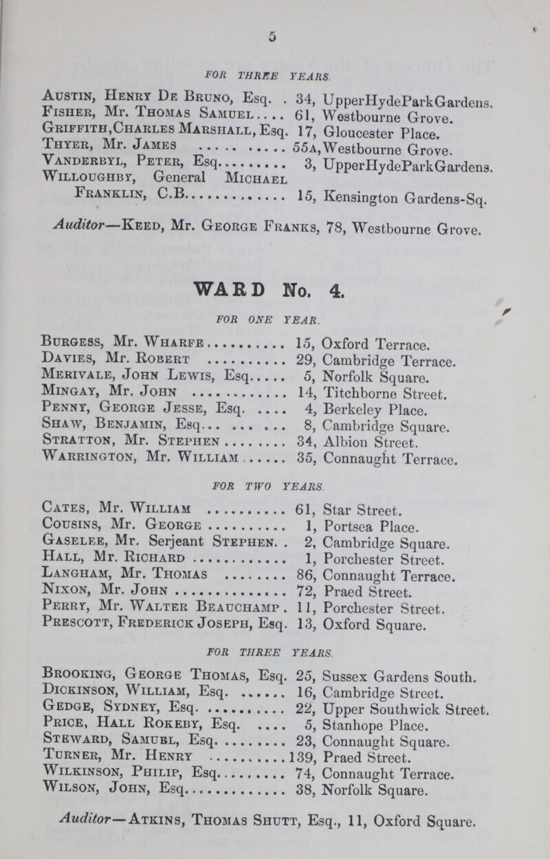 5 FOR THREE YEARS Austin, Henry De Bruno, Esq. 34, UpperHydeParkGardens. Fisher, Mr. Thomas Samuel 61, Westbourne Grove. Griffith,Charlees Marshall, Esq. 17, Gloucester Place. Thyer, Mr. James 55a,Westbourne Grove. Vanderbyl, Peter, Esq 3, UpperHydeParkGardens. Willoughby, General Michael Franklin, C.B 15, Kensington Gardens-Sq. Auditor—Keed, Mr. George Franks, 78, Westbourne Grove. WARD No. 4. FOR ONE YEAR. Burgess, Mr. Wharfe 15, Oxford Terrace. Davies, Mr. Robert 29, Cambridge Terrace. Merivale, John Lewis, Esq 5, Norfolk Square. Mingay, Mr. John 14, Titchborne Street. Penny, George Jesse, Esq 4, Berkeley Place. Shaw, Benjamin, Esq 8, Cambridge Square. Stratton, Mr. Stephen 34, Albion Street. Warrington, Mr. William 35, Connaught Terrace. FOR TWO YEARS. Cates, Mr. William 61, Star Street. Cousins, Mr. George 1, Portsea Place. Gaselee, Mr. Serjeant Stephen 2, Cambridge Square. Hall, Mr. Richard 1, Porchester Street. Langham, Mr. Thomas 86, Connaught Terrace. Nixon, Mr. John72, Praed Street. Perry, Mr. Walter Beauchamp . 11, Porchester Street. Prescott, Frederick Joseph, Esq. 13, Oxford Square. FOR THREE YEARS. Brooking, George Thomas, Esq. 25, Sussex Gardens South. Dickinson, William, Esq 16, Cambridge Street. Gedge, Sydney, Esq 22, Upper Southwick Street. Price, Hall Rokeby, Esq 5, Stanhope Place. Steward, Samuel, Esq 23, Connaught Square. Turner, Mr. Henry 139, Praed Street. Wilkinson, Philip, Esq 74, Connaught Terrace. Wilson, John, Esq 38, Norfolk Square. Auditor— Atkins, Thomas Shutt, Esq., 11, Oxford Square.