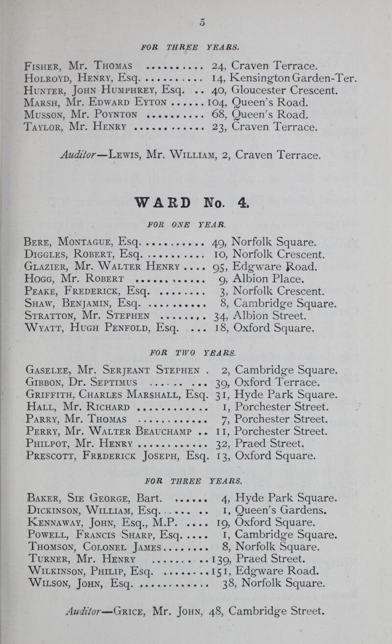 5 FOR THREE YEARS. Fisher, Mr. Thomas 24, Craven Terrace. Holroyd, Henry, Esq. 14, KensingtonGarden-Ter. Hunter, John Humphrey, Esq.40, Gloucester Crescent. Marsh, Mr. Edward Eyton 104, Queen's Road. Musson, Mr. Poynton 68, Queen's Road. Taylor, Mr. Henry 23, Craven Terrace. Auditor—Lewis, Mr. William, 2, Craven Terrace. WARD No. 4. FOR ONE YEAR. Rere, Montague, Esq. 49, Norfolk Square. Diggles, Robert, Esq. 10, Norfolk Crescent. Glazier, Mr. Walter Henry 95, Edgware Road. Hogg, Mr. Robert 9, Albion Place. Peake, Frederick, Esq. 3, Norfolk Crescent. Shaw, Benjamin, Esq. 8, Cambridge Square. Stratton, Mr. Stephen 34, Albion Street. Wyatt, Hugh Penfold, Esq. 18, Oxford Square. FOR TWO YEARS. Gaselee, Mr. Serjeant Stephen 2, Cambridge Square. Gibbon, Dr. Septimus 39, Oxford Terrace. Griffith, Charles Marshall, Esq. 31, Hyde Park Square. Hall, Mr. Richard 1, Porchester Street. Parry, Mr. Thomas 7, Porchester Street. Perry, Mr. Walter Beauchamp 11, Porchester Street. Philpot, Mr. Henry 32, Praed Street. Prescott, Frederick Joseph, Esq. 13, Oxford Square. FOR THREE YEARS. Baker, Sie George, Bart. 4, Hyde Park Square. Dickinson, William, Esq. 1, Queen's Gardens. Kennaway, John, Esq., M.P. 19, Oxford Square. Powell, Francis Sharp, Esq. 1, Cambridge Square. Thomson, Colonel James 8, Norfolk Square. Turner, Mr. Henry 139, Praed Street. Wilkinson, Philip, Esq.151, Edgware Road. Wilson, John, Esq. 38, Norfolk Square. Auditor—Grice, Mr. John, 48, Cambridge Street.