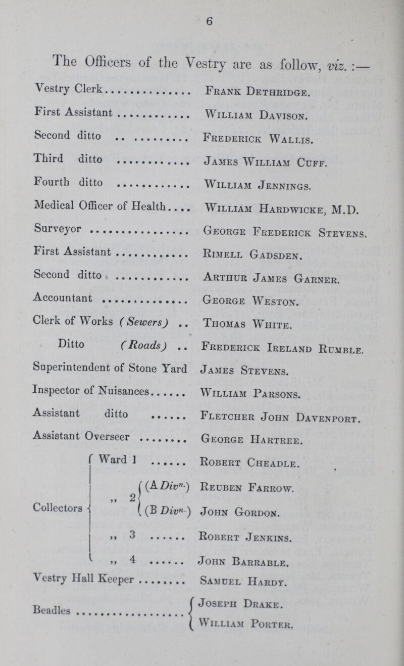 6 The Officers of the Vestry are as follow, viz.:— Vestry Clerk Frank Dethridge. First Assistant William Davison. Second ditto Frederick Wallis. Third ditto James William Cuff. Fourth ditto William Jennings. Medical Officer of Health William Hardwicke, M.D. Surveyor George Frederick Stevens. First Assistant Rimell Gadsden. Second ditto Arthur James Garner. Accountant george Weston. Clerk of Works (Sewers) Thomas White. Ditto (Roads) Frederick Ireland Rumble. Superintendent of Stone Yard James Stevens. Inspector of Nuisances William Parsons. Assistant ditto Fletcher John Davenport. Assistant Overseer George Hartree. Ward 1 Robert Cheadle. Collectors ,, 2 (A Divn.) Reuben Farrow. (B Divn ) John Gordon. ,, 3 Robert Jenkins. ,, 4 John Barrable. Vestry Ilall Keeper Samuel Hardy. Beadles {Joseph Drake. William Portek.