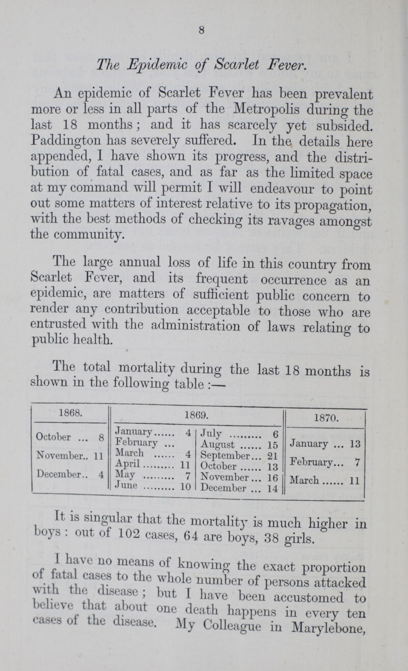 8 The Epidemic of Scarlet Fever. An epidemic of Scarlet Fever has been prevalent more or less in all parts of the Metropolis during the last 18 months; and it has scarcely yet subsided. Paddington has severely suffered. In the details here appended, I have shown its progress, and the distri bution of fatal cases, and as far as the limited space at my command will permit I will endeavour to point out some matters of interest relative to its propagation, with the best methods of checking its ravages amongst the community. The large annual loss of life in this country from Scarlet Fever, and its frequent occurrence as an epidemic, are matters of sufficient public concern to render any contribution acceptable to those who are entrusted with the administration of laws relating to public health. The total mortality during the last 18 months is shown in the following table :— 1868. 1869. 1870. October . 8 January 4 July 6 January 13 February August 15 November 11 March 4 September 21 February 7 April 11 October 13 December 4 May 7 November 16 March 11 June 10 December 14 It is singular that the mortality is much higher in boys: out of 102 cases, 64 are boys, 38 girls. I have no means of knowing the exact proportion of fatal cases to the whole number of persons attacked with the disease; but I have been accustomed to believe that about one death happens in every ten eases of the disease. My Colleague in Marylebone,