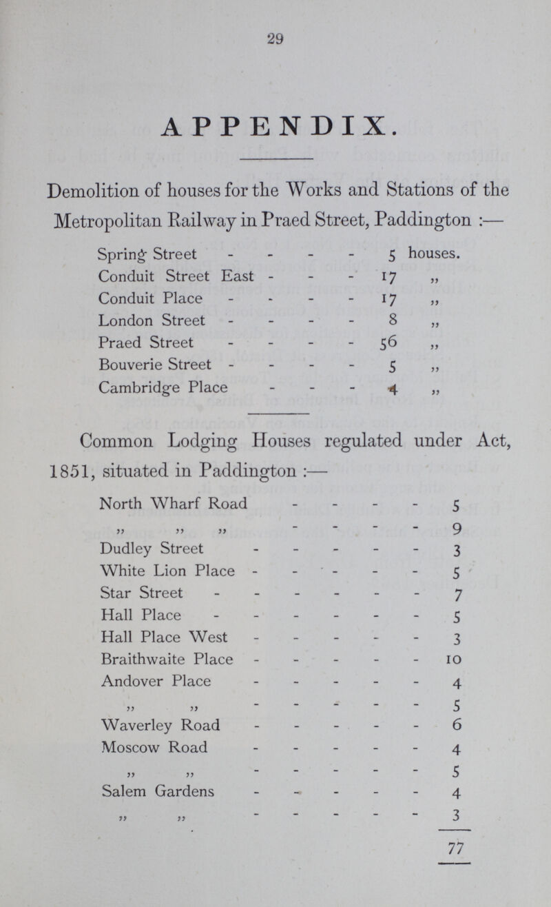 29 APPENDIX. Demolition of houses for the Works and Stations of the Metropolitan Railway in Praed Street, Paddington:— Spring Street 5 houses. Conduit Street East 17 „ Conduit Place 17 „ London Street 8 „ Praed Street 56 „ Bouverie Street 5 „ Cambridge Place 4 „ Common Lodging Houses regulated under Act, 1851, situated in Paddington:— North Wharf Road 5 „ „ „ 9 Dudley Street 3 White Lion Place 5 Star Street 7 Hall Place 5 Hall Place West 3 Braithwaite Place 10 Andover Place 4 „ „ 5 Waverley Road 6 Moscow Road 4 „ „ 5 Salem Gardens 4 „ „ 3 77