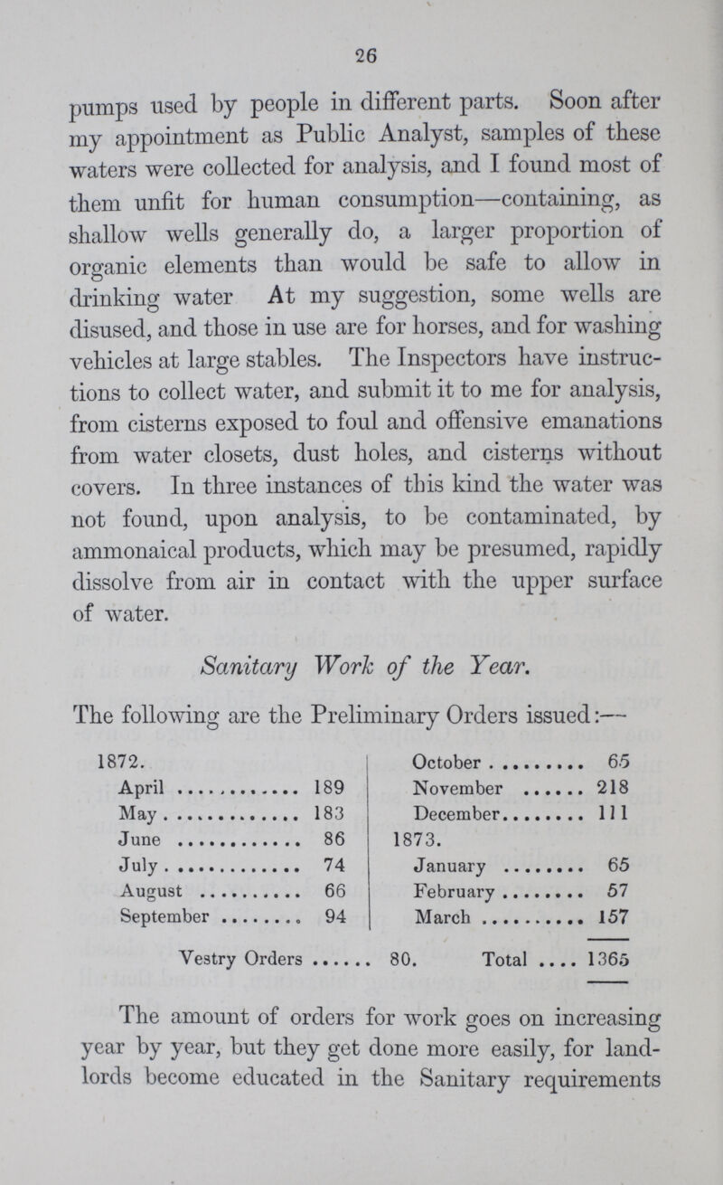 26 pumps used by people in different parts. Soon after my appointment as Public Analyst, samples of these waters were collected for analysis, and I found most of them unfit for human consumption—containing, as shallow wells generally do, a larger proportion of organic elements than would be safe to allow in drinking water At my suggestion, some wells are disused, and those in use are for horses, and for washing vehicles at large stables. The Inspectors have instruc tions to collect water, and submit it to me for analysis, from cisterns exposed to foul and offensive emanations from water closets, dust holes, and cisterns without covers. In three instances of this kind the water was not found, upon analysis, to be contaminated, by ammonaical products, which may be presumed, rapidly dissolve from air in contact with the upper surface of water. Sanitary Work of the Year. The following are the Preliminary Orders issued:— 1872. October 65 April 189 November 218 May 183 June 86 1873. July 74 January 65 August 66 February 57 September 94 March 157 Vestry Orders 80 . Total 1365 The amount of orders for work goes on increasing year by year, but they get done more easily, for land lords become educated in the Sanitary requirements