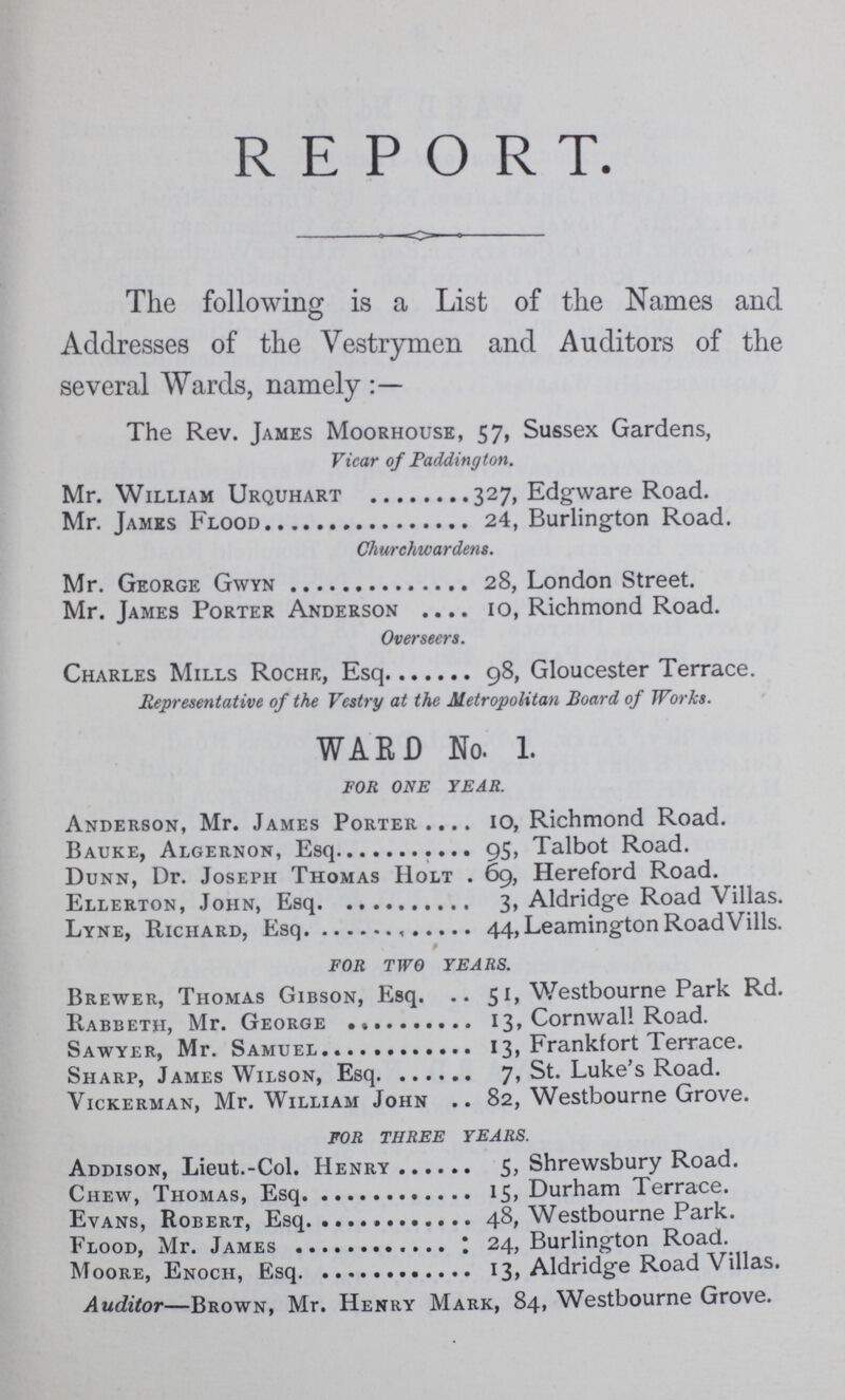 REPORT The following is a List of the Names and Addresses of the Vestrymen and Auditors of the several Wards, namely The Rev. James Moorhouse, 57, Sussex Gardens, Vicar of Paddington. Mr. William Urquhart 327, Edgware Road. Mr. James Flood 24, Burlington Road. Churchwardens. Mr. George Gwyn 28, London Street. Mr. James Porter Anderson 10, Richmond Road. Overseers. Charles Mills Roche, Esq 98, Gloucester Terrace. Representative of the Vestry at the Metropolitan Board of Works. WARD No. 1. FOR ONE YEAR. Anderson, Mr. James Porter 10, Richmond Road. Bauke, Algernon, Esq 95, Talbot Road. Dunn, Dr. Joseph Thomas Holt 69, Hereford Road. Ellerton, John, Esq 3, Aldridge Road Villas. Lyne, Richard, Esq 44, Leamington RoadVills. FOR TWO YEARS. Brewer, Thomas Gibson, Esq 51, Westbourne Park Rd. Rabbeth, Mr. George 13, Cornwall Road. Sawyer, Mr. Samuel 13, Frankfort Terrace. Sharp, James Wilson, Esq 7, St. Luke's Road. Vickerman, Mr. William John 82, Westbourne Grove. FOR THREE YEARS. Addison, Lieut.-Col. Henry 5, Shrewsbury Road. Chew, Thomas, Esq 15, Durham Terrace. Evans, Robert, Esq 48, Westbourne Park. Flood, Mr. James 24, Burlington Road. Moore, Enoch 13, Aldridge Road Villas. Auditor—Brown, Mr. Henry Mark, 84, Westbourne Grove.