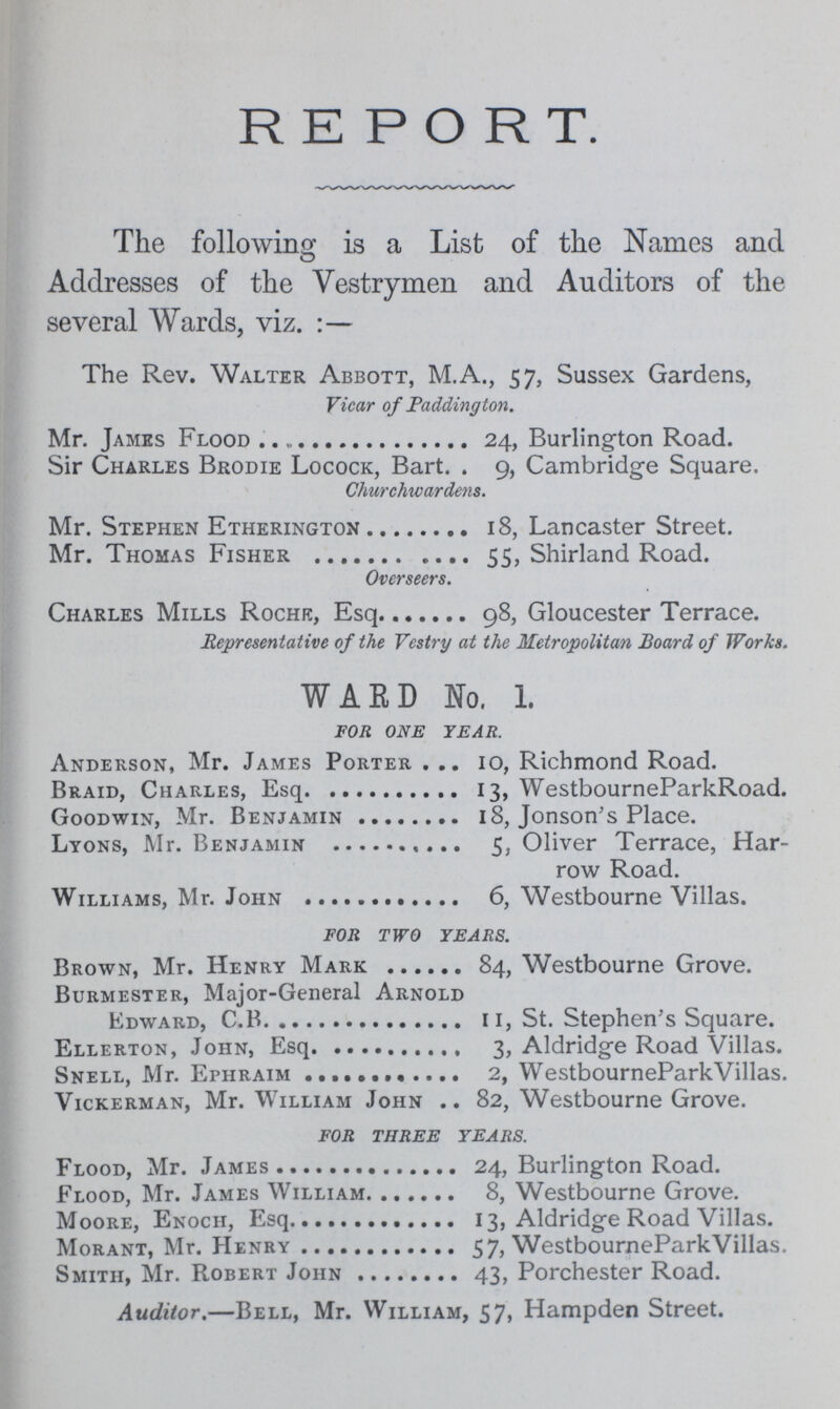 REPORT. The following is a List of the Names and Addresses of the Vestrymen and Auditors of the several Wards, viz. The Rev. Walter Abbott, M.A., 57, Sussex Gardens, Vicar of Padding ton. Mr. James Flood 24, Burlington Road. Sir Charles Brodie Locock, Bart. . 9, Cambridge Square. Churchwardens. Mr. Stephen Etherington 18, Lancaster Street. Mr. Thomas Fisher 55, Shirland Road. Overseers. Charles Mills Roche, Esq 98, Gloucester Terrace. Representative of the Vestry at the Metropolitan Board of Works. WARD No. 1. FOR ONE YEAR. Anderson, Mr. James Porter 10, Richmond Road. Braid, Charles, Esq 13, WestbourneParkRoad. Goodwin, Mr. Benjamin 18, Jonson's Place. Lyons, Mr. Benjamin 5, Oliver Terrace, Har row Road. Williams, Mr. John 6, Westbourne Villas. FOR TWO YEARS. Brown, Mr. Henry Mark 84, Westbourne Grove. Burmester, Major-General Arnold Edward, C.B ii, St. Stephen's Square. Ellerton, John, Esq 3, Aldridge Road Villas. Snell, Mr. Ephraim 2, WestbourneParkVillas. Vickerman, Mr. William John 82, Westbourne Grove. FOR THREE YEARS. Flood, Mr. James 24, Burlington Road. Flood, Mr. James William 8, Westbourne Grove. Moore, Enoch, Esq 13, Aldridge Road Villas. Morant, Mr. Henry 57, WestbourneParkVillas. Smith, Mr. Robert John 43, Porchester Road. Auditor.—Bell, Mr. William, 57, Hampden Street.