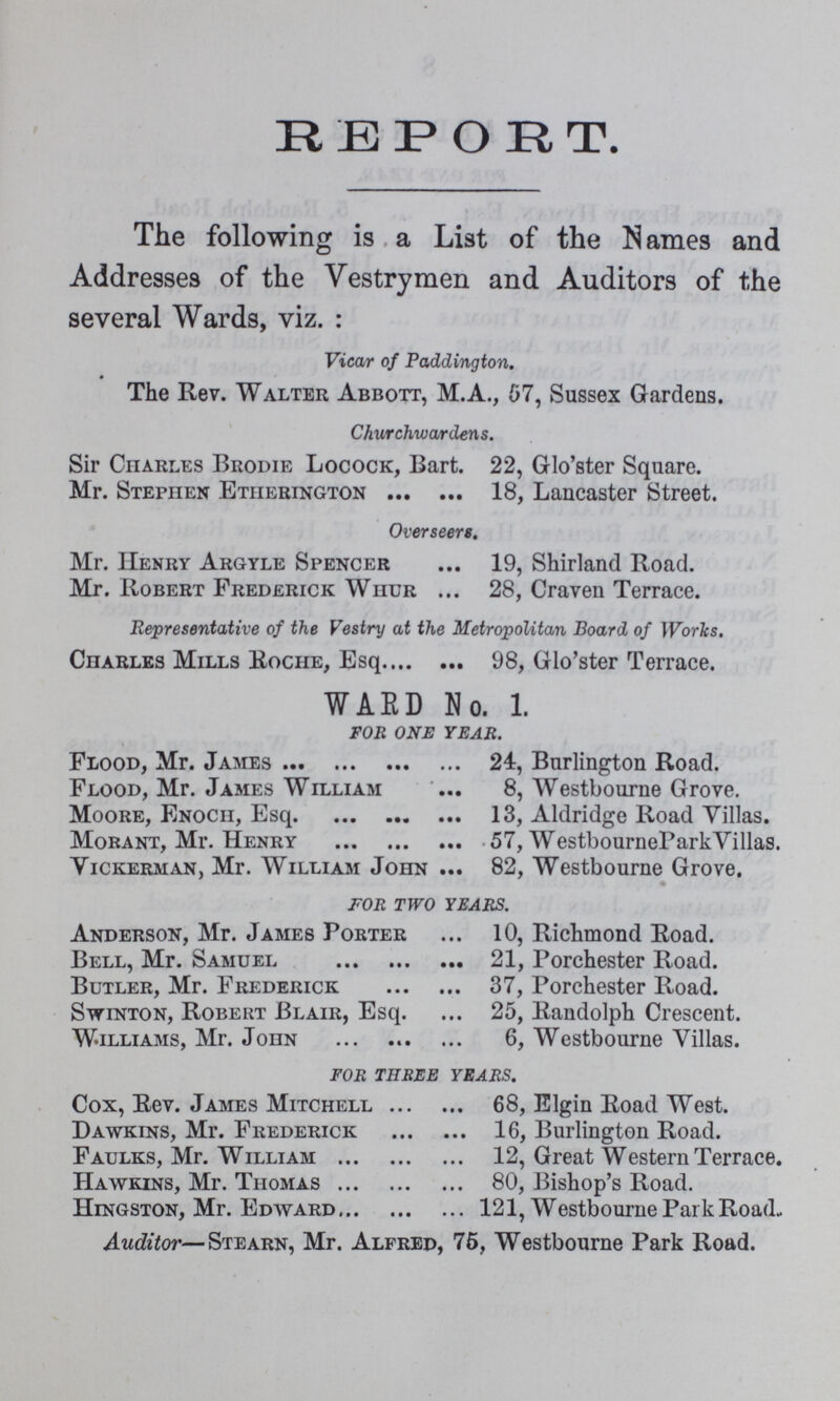 REPORT. The following is a List of the Names and Addresses of the Vestrymen and Auditors of the several Wards, viz.: Vicar of Paddington. The Rev. Walter Abbott, M.A., 57, Sussex Gardens. Churchwardens. Sir Charles Brodie Locock, Bart. 22, Glo'ster Square. Mr. Stephen Etherington 18, Lancaster Street. Overseers. Mr. Henry Argyle Spencer 19, Shirland Road. Mr. Robert Frederick Whur 28, Craven Terrace. Representative of the Vestry at the Metropolitan Board of Works. Ciiarles Mills Roche, Esq 98, Glo'ster Terrace. WARD No. 1. FOR ONE YEAR. Flood, Mr. James 24, Burlington Road. Flood, Mr. James William 8, Westbourne Grove. Moore, Enoch, Esq 13, Aldridge Road Villas. Morant, Mr. Henry 57, WestbourneParkVillas. Yickerman, Mr. William John ... 82, Westbourne Grove. FOR TWO YEARS. Anderson, Mr. James Porter 10, Richmond Road. Bell, Mr. Samuel 21, Porchester Road. Butler, Mr. Frederick 37, Porchester Road. Swinton, Robert Blair, Esq. ... 25, Randolph Crescent. Williams, Mr. John 6, Westbourne Villas. FOR THREE YEARS. Cox, Rev. James Mitchell 68, Elgin Road West. Dawkins, Mr. Frederick 16, Burlington Road. Faulks, Mr. William 12, Great Western Terrace. Hawkins, Mr. Thomas 80, Bishop's Road. Hingston, Mr. Edward121, Westbourne Park Road- Auditor—Stearn, Mr. Alfred, 75, Westbourne Park Road.