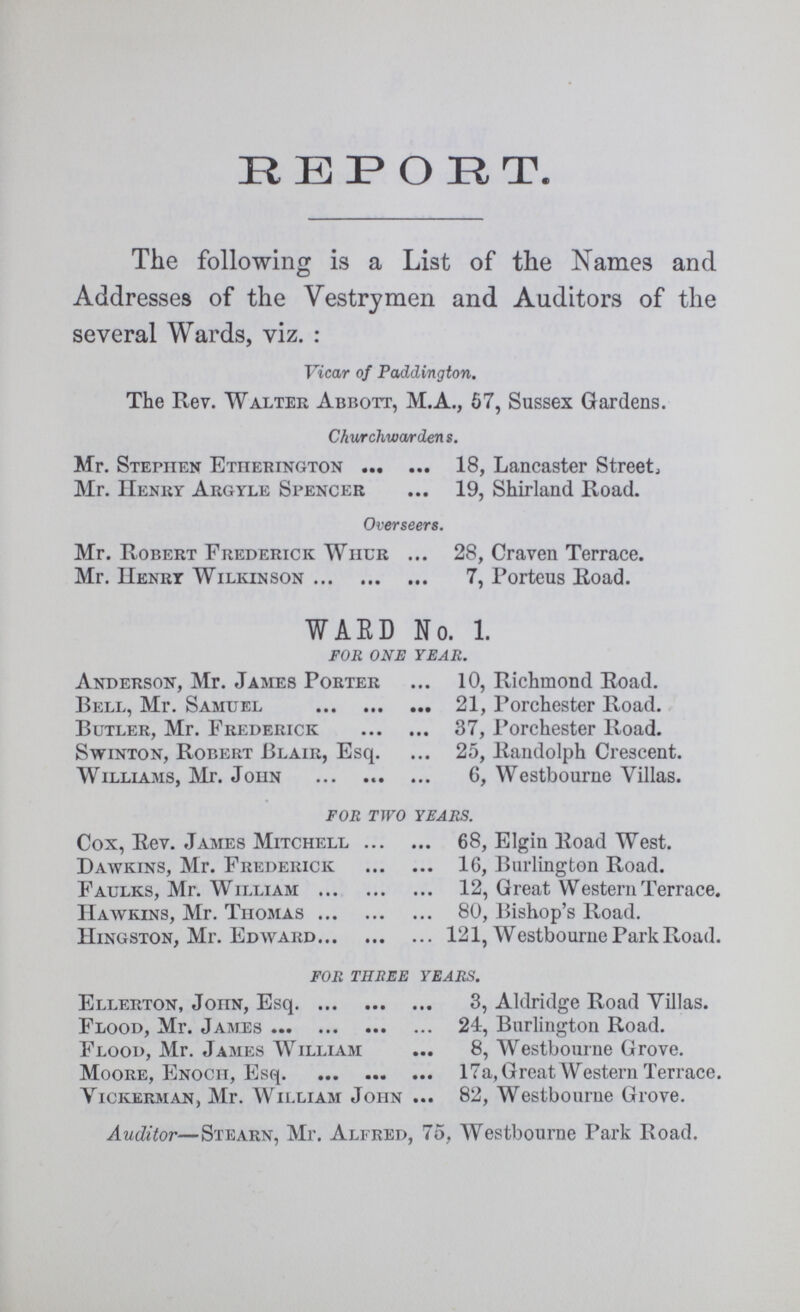 REPORT The following is a List of the Names and Addresses of the Vestrymen and Auditors of the several Wards, viz.: Vicar of Paddington. The Rev. Walter Abbott, M.A., 67, Sussex Gardens. Churchwarden s. Mr. Stephen Etiierington 18, Lancaster Street, Mr. Henry Argyle Spencer 19, Shirland Road. Overseers. Mr. Robert Frederick Whur 28, Craven Terrace. Mr. Henry Wilkinson 7, Porteus Road. WARD No. 1. FOR ONE YEAR. Anderson, Mr. James Porter 10, Richmond Road. Bell, Mr. Samuel 21, Porchester Road. Butler, Mr. Frederick 37, Porchester Road. Swinton, Robert Blair, Esq. 25, Randolph Crescent. Williams, Mr. John 6, Westbourne Villas. FOR TWO YEARS. Cox, Rev. James Mitchell 68, Elgin Road West. Dawkins, Mr. Frederick 16, Burlington Road. Faulks, Mr. William 12, Great Western Terrace. Hawkins, Mr. Thomas 80, Bishop's Road. Hingston, Mr. Edward 121, Westbourne Park Road. FOR THREE YEARS. Ellerton, John, Esq 3, Aklridge Road Villas. Flood, Mr. James 24, Burlington Road. Flood, Mr. James William 8, Westbourne Grove. Moore, Enoch, Esq 17a, Great Western Terrace. Vickerman, Mr. William John 82, Westbourne Grove. Auditor—Stearn, Mr. Alfred, 75, Westbourne Park Road.