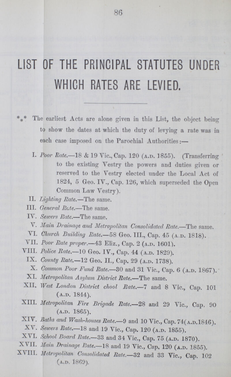 86 LIST OF THE PRINCIPAL STATUTES UNDER WHICH RATES ARE LEVIED. *** The earliest Acts are alone given in this List, the object being to show the dates at which the duty of levying a rate was in each case imposed on the Parochial Authorities:— I. Poor Rate.—18 & 19 Vic., Cap. 120 (a.d. 1855). (Transferring to the existing Vestry the powers and duties given or reserved to the Vestry elected under the Local Act of 1824, 5 Geo. IV., Cap. 126, which superseded the Open Common Law Vestry). II. Lighting Rate.—The same. III. General Rate.—The same. IV. Sewers Rate.—The same. V. Main Drainage and Metropolitan Consolidated Rate.—The same. VI. Church Building Rate.—58 Geo. III., Cap. 45 (a d. 1818). VII. Poor Bate proper.—43 Eliz., Cap. 2 (a.p. 1601). VIII. Police Rate.—10 Geo. IV., Cap. 44 (a.d. 1829). IX. County Bate.—12 Geo. II., Cap. 29 (a.d. 1738). X. Common Poor Fund Bate.—30 and 31 Vic., Cap. 6 (a.d. 1867). XI. Metropolitan Asylum District Rate.—The same. XII. West London District chool Bate.—7 and 8 Vic., Cap. 101 (a.d. 1844). XIII. Metropolitan Fire Brigade Bate.—28 and 29 Vic., Cap, 90 (a.d. 1865). XIV. Baths and Wash-houses Bate.—9 and 10 Vic., Cap. 74(a.d.1846). XV. Sewers Bate.—18 and 19 Vic., Cap. 120 (a.d. 1855). XVI. School Board. Bate.—33 and 34 Vic., Cap. 75 (a.d. 1870). XVII. Main Drainage Bate.—18 and 19 Vic., Cap, 120 (a.d. 1855). XVIII. Metropolitan Consolidated Bate.—32 and 33 Vic., Cap. 102 (a.d, 1869).