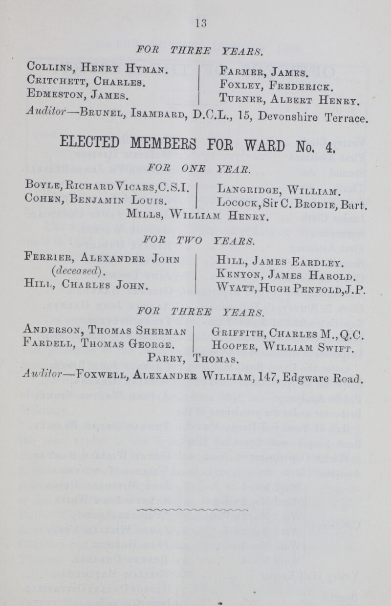 13 FOR THREE YEARS. Collins, Henry Hyman. Critchett, Charles. Edmeston, James. Farmer, James. Foxley, Frederick. Turner, Albert Henry. Auditor—Brunel, Isambard, D.C.L., 15, Devonshire Terrace. ELECTED MEMBEES FOR WARD No. 4. FOR ONE YEAR. Boyle, Richard Vicars,C.S.I. Cohen, Benjamin Louis. Mills, William Henry. Langridge, William. Locock, Sir C. Brodie, Bart. FOR TWO YEARS. Ferrier, Alexander John (deceased.). Hill, Charles John. Hill, James Eardley. Kenyon, James Harold. Wyatt, Hugh Penfold,J.P. FOR THREE YEARS. Anderson, Thomas Sherman Fardell, Thomas George. Griffith, Charles M.,Q.C. Hooper, William Swift. Parry, Thomas. Auditor—Foxwell, Alexander William, 147, Edgware Road.