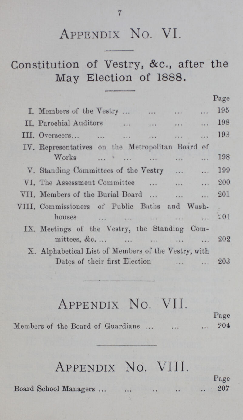 7 Appendix No. VI. Constitution of Vestry, &c., after the May Election of 1888. Page I. Members of the Vestry 195 II. Parochial Auditors 198 III. Overseers 193 IV. Representatives on the Metropolitan Board of Works 198 V. Standing Committees of the Vestry 199 VI. The Assessment Committee 200 VII. Members of the Burial Board 201 VIII. Commissioners of Public Baths and Wash¬ houses i01 IX. Meetings of the Vestry, the Standing Com mittees, &c. 202 X. Alphabetical List of Members of the Vestry, with Dates of their first Election 203 Appendix No. VII. Page Members of the Board of Guardians 204 Appendix No. VIII. Page Board School Managers 207