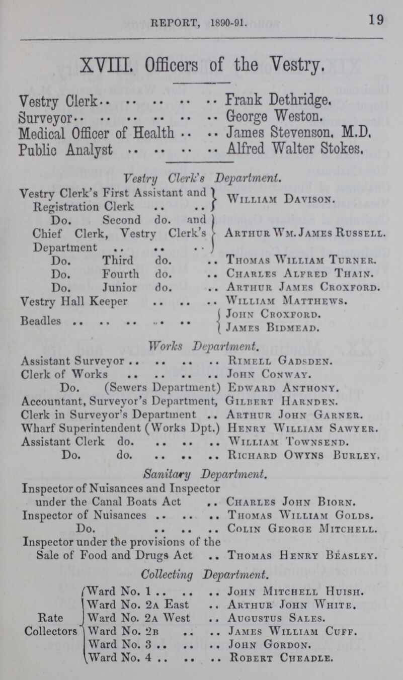 19 REPORT, 1890-91. XVIII. Officers of the Vestry. Vestry Clerk Frank Dethridge. Surveyor George Weston. Medical Officer of Health James Stevenson, M.D. Public Analyst Alfred Walter Stokes. Vestry Cleric's Department. Vestry Clerk's First Assistant and Registration Clerk William Davison. Do. Second do. and Chief Clerk, Vestry Clerk's Department Arthur Wm. James Russell. Do. Third do Thomas William Turner. Do. Fourth do. Charles Alfred Thain. Do. Junior do. Arthur James Croxford. Vestry Hall Keeper William Matthews. Beadles John Croxford. James Bidmead. Works Department. Assistant Surveyor Rimell Gadsden. Clerk of Works John Conway. Do. (Sewers Department) Edward Anthony. Accountant, Surveyor's Department, Gilbert Harnden. Clerk in Surveyor's Department Arthur John Garner. Wharf Superintendent (Works Dpt.) Henry William Sawyer. Assistant Clerk do William Townsend. Do. do Richard Owyns Burley. Sanitary Department. Inspector of Nuisances and Inspector under the Canal Boats Act Charles John Biorn. Inspector of Nuisances Thomas William Golds. Do. Colin George Mitchell. Inspector under the provisions of the Sale of Food and Drugs Act Thomas Henry Beasley. Collecting Department. Rate Collectors Ward No. 1 John Mitchell Huish. Ward No. 2a East Arthur John White. Ward No. 2a West Augustus Sales. Ward No. 2b James William Cuff. Ward No. 3 John Gordon. Ward No. 4 Robert Cheadle.
