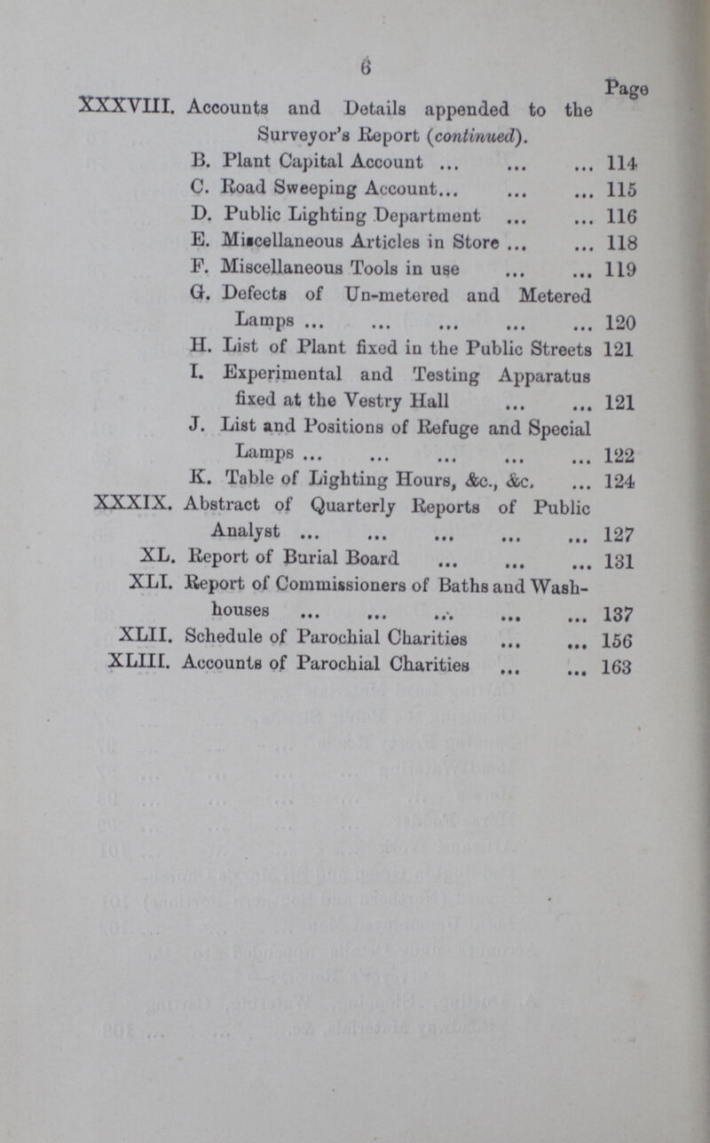 6 Page XXXVIII. Accounts and Details appended to the Surveyor's Report (continued). B. Plant Capital Account 114 C. Road Sweeping Account 115 D. Public Lighting Department 116 E. Miscellaneous Articles in Store 118 F. Miscellaneous Tools in use 119 G. Defects of Un-metered and Metered Lamps 120 H. List of Plant fixed in the Public Streets 121 I. Experimental and Testing Apparatus fixed at the Vestry Hall 121 J. List and Positions of Refuge and Special Lamps 122 K. Table of Lighting Hours, &c., &c. 124 XXXIX. Abstract of Quarterly Reports of Public Analyst 127 XL. Report of Burial Board 131 XLI. Report of Commissioners of Baths and Wash¬ houses 137 XLII. Schedule of Parochial Charities 156 XLIII. Accounts of Parochial Charities 163