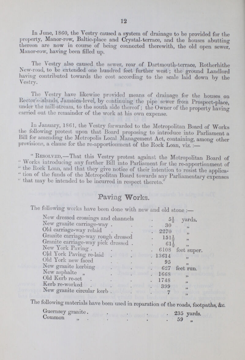 12 In June, 1860, the Vestry caused a system of drainage to be provided for the property, Manor-row, Baltic-place and Crystal-terrace, and the houses abutting thereon are now in course of being connected therewith, the old open sewer, Manor-row, having been filled up. The Vestry also caused the sewer, rear of Dartmouth-terrace, Rotherhithe New-road, to be extended one hundred feet further west; the ground Landlord having contributed towards the cost according to the scale laid down by the Vestry. The Vestry have likewise provided means of drainage for the houses on Rectors-islands, Jamaica-level, by continuing the pipe sewer from Prospect-place, under the mill-stream, to the south side thereof; the Owner of the property having carried out the remainder of the work at his own expense. In January, 1861, the Vestry forwarded to the Metropolitan Board of Works the following protest upon that Board proposing to introduce into Parliament a Bill for amending the Metropolis Local Management Act, containing, among other provisions, a clause for the re-apportionment of the Rock Loan, viz.:— Resolved, — That this Vestry protest against the Metropolitan Board of Works introducing any further Bill into Parliament for the re-apportionment of the Rock Loan, and that they give notice of their intention to resist the applica tion of the funds of the Metropolitan Board towards any Parliamentary expenses that may be intended to be incurred in respect thereto.' Paving Works. The following works have been done with new and old stone:— New dressed crossings and channels 5½ yards. New granite carriage-way 30 „ Old carriage-way relaid 2270 „ Granite carriage-way rough dressed 151½ „ Granite carriage-way pick dressed 61½ „ New York Paving 6108 feet super. Old York Paving re-laid 13614 „ Old York new faced 95 „ New granite kerbing 627 feet run. New asphalte „ 1668 „ Old Kerb re-set 1748 „ Kerb re-worked 399 „ New granite circular kerb 7 „ The following materials have been used in reparation of the roads, footpaths, &c. Guernsey granite 235 yards. Common „ 59 „