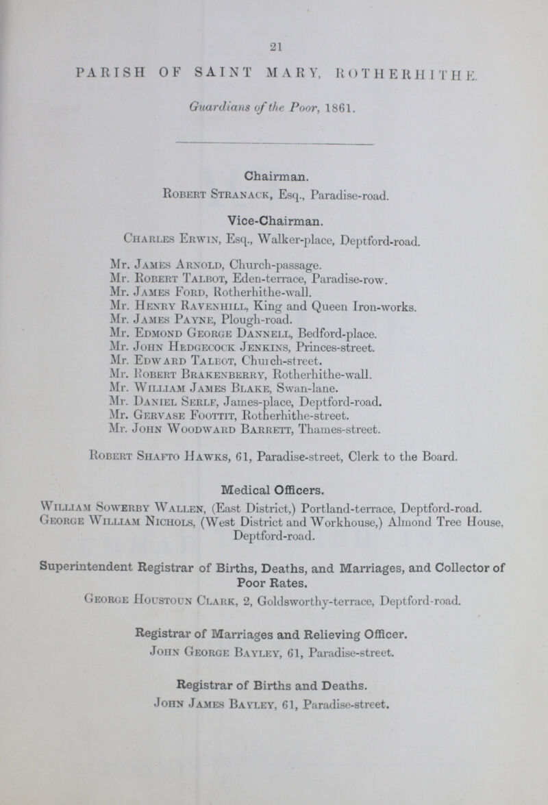21 PARISH OF SAINT MARY, ROTHERHITHE. Guardians of the Poor, 1861. Chairman. Robert Stranack, Esq., Paradise-road. Vice-Chairman. Charles Erwin, Esq., Walker-place, Deptford-road. Mr. James Arnold, Church-passage. Mr. Robert Talbot, Eden-terrace, Paradise-row. Mr. James Ford, Rotherhithe-wall. Mr. Henry Ravenhill, King and Queen Iron-works. Mr. James Payne, Plough-road. Mr. Edmond George Dannell, Bedford-place. Mr. John Hedgecock Jenkins, Princes-street. Mr. Edward Talbot, Chuich-street. Mr. Robert Brakenberry, Rotherhithe-wall. Mr. William James Blake, Swan-lane. Mr. Daniel Serle, James-place, Deptford-road. Mr. Gervase Foottit, Rotherhithe-street. Mr. John Woodward Barrett, Thames-street. Robert Shafto Hawks, 61, Paradise-street, Clerk to the Board. Medical Officers. William Sowerby Wallen, (East District,) Portland-terrace, Deptford-road. George William Nichols, (West District and Workhouse,) Almond Tree House, Deptford-road. Superintendent Registrar of Births, Deaths, and Marriages, and Collector of Poor Rates. George Houstoun Clark, 2, Goldsworthy-terrace, Deptford-road. Registrar of Marriages and Relieving Officer. John George Bayley, 61, Paradise-street. Registrar of Births and Deaths. John James Bayley, 61, Paradise-street.