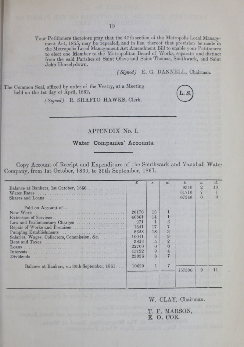19 Your Petitioners therefore pray that the 47th section of the Metropolis Local Manage ment Act, 1855, may be repealed, and in lieu thereof that provision be made in the Metropolis Local Management Act Amendment Bill to enable your Petitioners to elect one Member to the Metropolitan Board of Works, separate and distinct from the said Parishes of Saint Olave and Saint Thomas, Southwark, and Saint John Horselydown. (Signed) E. G. DANNELL, Chairman. The Common Seal, affixed by order of the Vestry, at a Meeting L-S held on the 1st day of April, 1862. (Signed) R. SHAFTO HAWKS, Clerk. APPENDIX No. I. Water Companies' Accounts. Copy Account of Receipt and Expenditure of the Southwark and Vauxliall Water Company, from 1st October, 1860, to 30th September, 1861. £ s. d. £ s. d. Balance at Bankers, 1st October, 1860 8340 2 10 Water Rates 61710 7 1 Shares and Loans 87340 0 0 Paid on Account of— New Work 20170 16 1 Extension of Services 40861 14 1 Law and Parliamentary Charges 971 1 6 Repair of Works and Premises 1341 17 7 Pumping Establishments 8628 18 3 Salaries, Wages, Collectors, Commission, &c. 10041 2 9 Rent and Taxes 3826 5 2 Loans 22700 0 0 Interests 15192 9 4 Dividends 23036 3 7 Balance at Bankers, on 30th September, 1861 10620 1 7 157390 9 11 W. CLAY, Chairman. T. F, MARSON, E. O. COE.