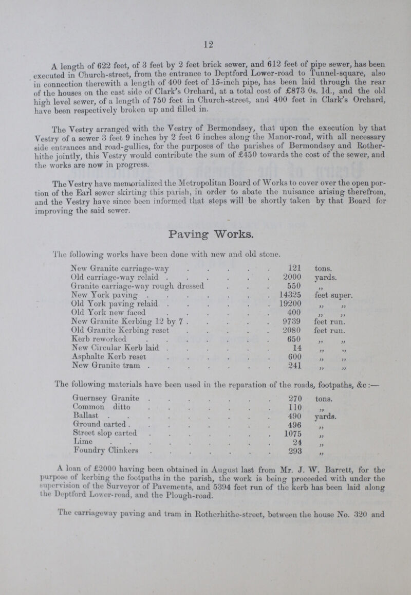 12 A length of 622 feet, of 3 feet by 2 feet brick sewer, and 612 feet of pipe sewer, has been executed in Church-street, from the entrance to Deptford Lower-road to Tunnel-square, also in connection therewith a length of 400 feet of 15-inch pipe, has been laid through the rear of the houses on the east side of Clark's Orchard, at a total cost of £873 0s. 1d., and the old high level sewer, of a length of 750 feet in Church-street, and 400 feet in Clark's Orchard, have been respectively broken up and filled in. The Vestry arranged with the Vestry of Bermondsey, that upon the execution by that Vestry of a sewer 3 feet 9 inches by 2 feet G inches along the Manor-road, with all necessary side entrances and road-gullies, for the purposes of the parishes of Bermondsey and Rother hithe jointly, this Vestry would contribute the sum of £450 towards the cost of the sewer, and the works are now in progress. The Vestry have memorialized the Metropolitan Board of Works to cover over the open por tion of the Earl sewer skirting this parish, in order to abate the nuisance arising therefrom, and the Vestry have since been informed that steps will be shortly taken by that Board for improving the said sewer. Paving Works. The following works have been done with new and old stone. New Granite carriage-way 121 tons. Old carriage-way relaid 2000 yards. Granite carriage-way rough dressed 550 „ New York paving 14325 feet super. Old York paving relaid 19200 „ „ Old York new faced 400 „ „ New Granite Kerbing 12 by 7 9739 feet run. Old Granite Kerbing reset 2080 feet run. Kerb reworked 650 „ „ New Circular Kerb laid 14 „ „ Asphalte Kerb reset 600 „ „ New Granite tram 241 „ „ The following materials have been used in the reparation of the roads, footpaths, &c:— Guernsey Granite 270 tons. Common ditto 110 „ Ballast 490 yards. Ground carted 496 „ Street slop carted 1075 „ Lime 24 „ Foundry Clinkers 293 „ A loan of £2000 having been obtained in August last from Mr. J. W. Barrett, for the purpose of kerbing the footpaths in the parish, the work is being proceeded with under the supervision of the Surveyor of Pavements, and 5394 feet run of the kerb has been laid along the Deptford Lower-road, and the Plough-road. The carriageway paving and tram in Rotherhithe-street, between the house No. 320 and