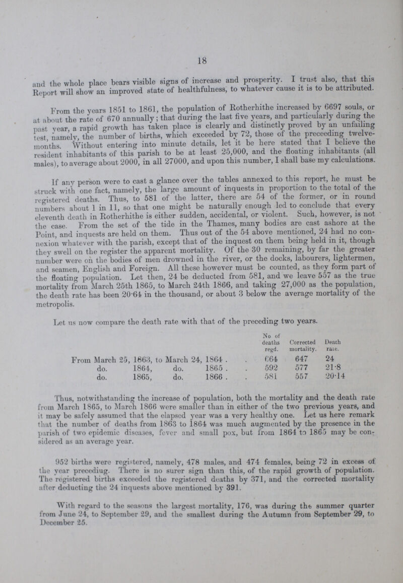18 and the whole place bears visible signs of increase and prosperity. I trust also, that this Report will show an improved state of healthfulness, to whatever cause it is to be attributed. From the years 1851 to 1861, the population of Rotherhithe increased by 6697 souls, or at about the rate of 670 annually; that during the last five years, and particularly during the past year, a rapid growth has taken place is clearly and distinctly proved by an unfailing test, namely, the number of births, which exceeded by 72, those of the preceeding twelve months. Without entering into minute details, let it be here stated that I believe the resident inhabitants of this parish to be at least 25,000, and the floating inhabitants (all males), to average about 2000, in all 27000, and upon this number, I shall base my calculations. If any person were to cast a glance over the tables annexed to this report, he must be struck with one fact, namely, the large amount of inquests in proportion to the total of the registered deaths. Thus, to 581 of the latter, there are 54 of the former, or in round numbers about 1 in 11, so that one might be naturally enough led to conclude that every eleventh death in Rotherhithe is either sudden, accidental, or violent. Such, however, is not the case. From the set of the tide in the Thames, many bodies are cast ashore at the Point, and inquests are held on them. Thus out of the 54 above mentioned, 24 had no con nexion whatever with the parish, except that of the inquest on them being held in it, though they swell on the register the apparent mortality. Of the 30 remaining, by far the greater number were oh the bodies of men drowned in the river, or the docks, labourers, lightermen, and seamen, English and Foreign. All these however must be counted, as they form part of the floating population. Let then, 24 be deducted from 581, and we leave 557 as the true mortality from March 25th 1865, to March 24th 1866, and taking 27,000 as the population, the death rate has been 20-64 in the thousand, or about 3 below the average mortality of the metropolis. Let us now compare the death rate with that of the preceding two years. No of deaths regd. Corrected mortality. Death rate. From March 25, 1863, to March 24, 1864 664 647 24 do. 1864, do. 1865 592 577 21.8 do. 1865, do. 1866 581 557 20.14 Thus, notwithstanding the increase of population, both the mortality and the death rate from March 1865, to March 1866 were smaller than in either of the two previous years, and it may be safely assumed that the elapsed year was a very healthy one. Let us here remark that the number of deaths from 1863 to i864 was much augmented by the presence in the parish of two epidemic diseases, fever and small pox, but from 1864 to 1865 may be con sidered as an average year. 952 births were registered, namely, 478 males, and 474 females, being 72 in excess of the year preeediug. I here is no surer sign than this, of the rapid growth of population. 1 he registered births exceeded the registered deaths by 371, and the corrected mortality after deducting the 24 inquests above mentioned by 391. With regard to the seasons the largest mortality, 176, was during the summer quarter From June 24, to September 29, and the smallest during the Autumn from September 29, to December 25.