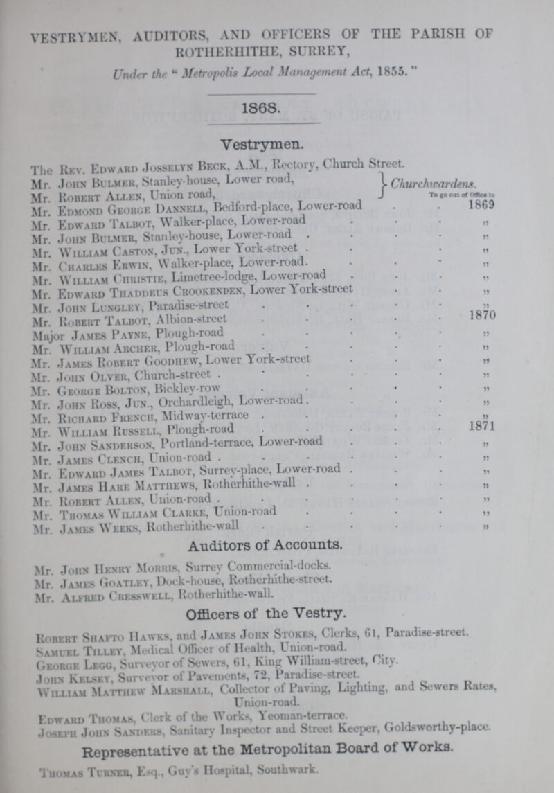 VESTRYMEN, AUDITORS, AND OFFICERS OF THE PARISH OF ROTHERHITHE, SURREY, Under the Metropolis Local Management Act, 1855.  1868. Vestrymen. The Rev. Edward Josselyn Beck, A.M., Rectory, Church Street. Mr. John Bulmer, Stanley-house, Lower road, Mr. Robert Allen, Union road, Churchwardens. To go out of Office In Mr. Edmond George Dannell, Bedford-place, Lower-road . 1869 Mr. Edward Talbot, Walker-place, Lower-road „ Mr. John Bulmer, Stanley-house, Lower-road „ Mr. William Caston, Jun., Lower York-street „ Mr. Charles Erwin, Walker-place, Lower-road „ Mr. William Christie, Limetree-lodge, Lower-road „ Mr. Edward Thaddeus Crookenden, Lower York-street „ Mr. John Lungley, Paradise-street „ Mr. Robert Talbot, Albion-street 1870 Major James Payne, Plough-road „ Mr. William Archer, Plough-road „ Mr. James Robert Goodhew, Lower York-street „ Mr. John Olver, Church-street . „ Mr. George Bolton, Bickley-row „ Mr. John Ross, Jun., Orchardleigh, Lower-road. „ Mr. Richard French, Midway-terrace „ Mr. William Russell, Plough-road . 1871 Mr. John Sanderson, Portland-terrace, Lower-road „ Mr. James Clench, Union-road „ Mr. Edward James Talbot, Surrey-place, Lower-road „ Mr. James Hare Matthews, Rotherhithe-wall „ Mr. Robert Allen, Union-road „ Mr. Thomas William Clarke, Union-road „ Mr. James Weeks, Rotherhithe-wall „ Auditors of Accounts. Mr. John Henry Morris, Surrey Commercial-docks;. Mr. James Goatley, Dock-house, Rotherhithe-street. Mr. Alfred Cress well, Rotherliithe-wall. Officers of the Vestry. Robert Shafto Hawks, and James John Stokes, Clerks, 61, Paradise-street. Samuel Tilley, Medical Officer of Health, Union-road. george Lego, Surveyor of Sewers, 61, King William-street, City. John Kelsey, Surveyor of Pavements, 72. Paradise-street. William Matthew Marshall, Collector of Paving, Lighting, and Sewers Rates, Union-road. Edward Thomas, Clerk of the Works, Yeoman-terrace. Joseph John Sanders. Sanitary Inspector and Street Keeper, Goldsworthy-place. Representative at the Metropolitan Board of Works. Thomas Turner, Esq.., Guy's Hospital, Southwark.