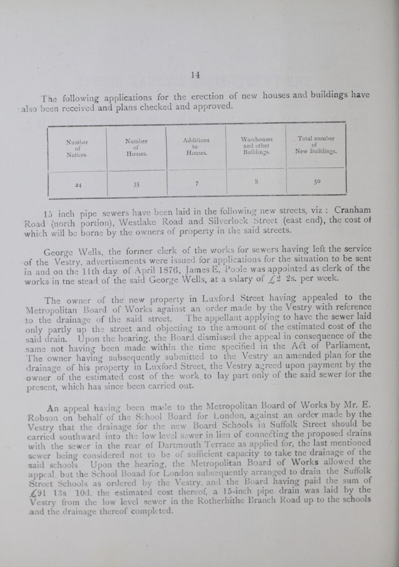 14 The following applications for the erection of new houses and buildings have also been received and plans checked and approved. Number of Notices Number of Houses. Additions to Houses. Warehouses and other Buildings. Total number of New Buildings. 24 35 7 8 50 15 inch pipe sewers have been laid in the following new streets, viz: Cranham Road (north portion), Westlake Road and Silverlock Street (east end), the cost of which will be borne by the owners of property in the said streets. George Wells, the former clerk of the works for sewers having left the service of the Vestry, advertisements were issued for applications for the situation to be sent in and on the 11th day of April 1876, James E. Poole was appointed as clerk of the works in the stead of the said George Wells, at a salary of £2 2s. per week. The owner of the new property in Luxford Street having appealed to the Metropolitan Board of Works against an order made by the Vestry with reference to the drainage of the said street. The appellant applying to have the sewer laid only partly up the street and objecting to the amount of the estimated cost of the said drain. Upon the hearing, the Board dismissed the appeal in consequence of the same not having been made within the time specified in the Act of Parliament. The owner having subsequently submitted to the Vestry an amended plan for the drainage of his property in Luxford Street, the Vestry agreed upon payment by the owner of the estimated cost of the work to lay part only of the said sewer for the present, which has since been carried out. An appeal having been made to the Metropolitan Board of Works by Mr. E. Robson on behalf of the School Board for London, against an order made by the Vestry that the drainage for the new Board Schools in Suffolk Street should be carried southward into the low level sewer in lieu of connecting the proposed drains with the sewer in the rear of Dartmouth Terrace as applied for, the last mentioned sewer being considered not to be of sufficient capacity to take the drainage of the said schools Upon the hearing, the Metropolitan Board of Works allowed the appeal but the School Boaad for London subsequently arranged to drain the Suffolk Street Schools as ordered by the Vestry, and the Board having paid the sum of £91 13s 10d. the estimated cost thereof, a 15-inch pipe drain was laid by the Vestry from the low level sewer in the Rotherhithe Branch Road up to the schools and the drainage thereof completed.