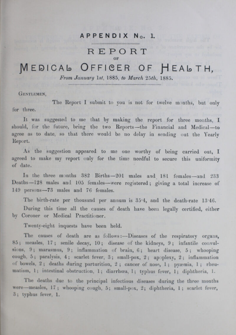 APPENDIX No. 1. REPORT of Medical Officer of Health, From January lst, 1885, to March 25th, 1885. Gentlemen, The Report I submit to you is not for twelve months, but only for three. It was suggested to me that by making the report for three months, I should, for the future, bring the two Reports—the Financial and Medical—to agree as to date, so that there would be no delay in sending out the Yearly Report. As the suggestion appeared to me one worthy of being carried out, I agreed to make my report only for the time needful to secure this uniformity of date. In the three months 382 Births—201 males and 181 females—and 233 Deaths —128 males and 105 females—were registered; giving a total increase of 149 persons—73 males and 76 females. The birth-rate per thousand per annum is 35 4, and the death-rate 13 46. During this time all the causes of death have been legally certified, either by Coroner or Medical Practitioner. Twenty-eight inquests have been held. The causes of death are as follows:—Diseases of the respiratory organs, 85; measles, 17; senile decay, 10; disease of the kidneys, 9; infantile convul sions, 9; marasmus, 9; inflammation of brain, 6; heart disease, 5; whooping cough, 5; paralysis, 4; scarlet fever, 3; small-pox, 2; apoplexy, 2; inflammation of bowels, 2; deaths during parturition, 2; cancer of nose, 1; pyaemia, 1; rheu matism, 1; intestinal obstruction, 1; diarrhœa, 1; typhus fever, 1; diphtheria, 1. The deaths due to the principal infectious diseases during the three months were—measles, 17; whooping cough, 5; small-pox, 2; diphtheria, 1; scarlet fever, 3; typhus fever, 1.