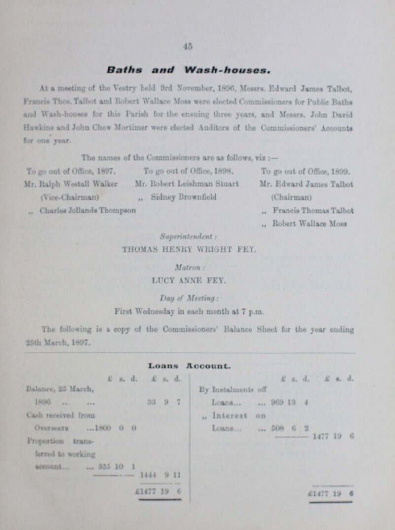 45 Baths and Wash-houses. At a meeting of the Vestry held 3rd November, 1896. Messers. Edward James Talbot, Francis Thos. Talbot and Robert Wallace Moss were elected Commissioners for Public Baths and Was-houses for this Parish for the ensuing three years, and Messrs. John David Hawkins and John Chew Mortimer were elected Auditors of the Commissoners' Accounts for one year. The names of the Commissioners are as follows, vis:— To go out of Office, 1897. To go out of Office, 1898. To go out of Office, 1899. Mr. Ralph Westall Walker Mr. Robert Leishman Stuart Mr. Edward James Talbot (Vice-Chairman) „ Sidney Brownfield (Chairman) ,, Cbftrlet Jollands Thompson „ Francis Thomas Tatlbot „ Robert Wallace Moss Superintendent: THOMAS HENRY WRIGHT FEY. Matron: LUCY ANNE FEY. Day of Meeting: First Wednesday in each month at 7 p.m. The following is of copy of the Commissioners Balance sheet for the year ending 25th March. 1897. Loans Account. £ s. d. £ s. d. £ s. d. £ s. d. Balance, 25 March, 1896 33 9 7 By Instalments off Loans 969 13 4 Cash received from Overssers 1800 0 0 „ Interest on Loans 508 6 2 Proportion Trans fessed to working account 355 10 1 1477 19 6 1444 9 11 £1477 19 6 £1477 19 6