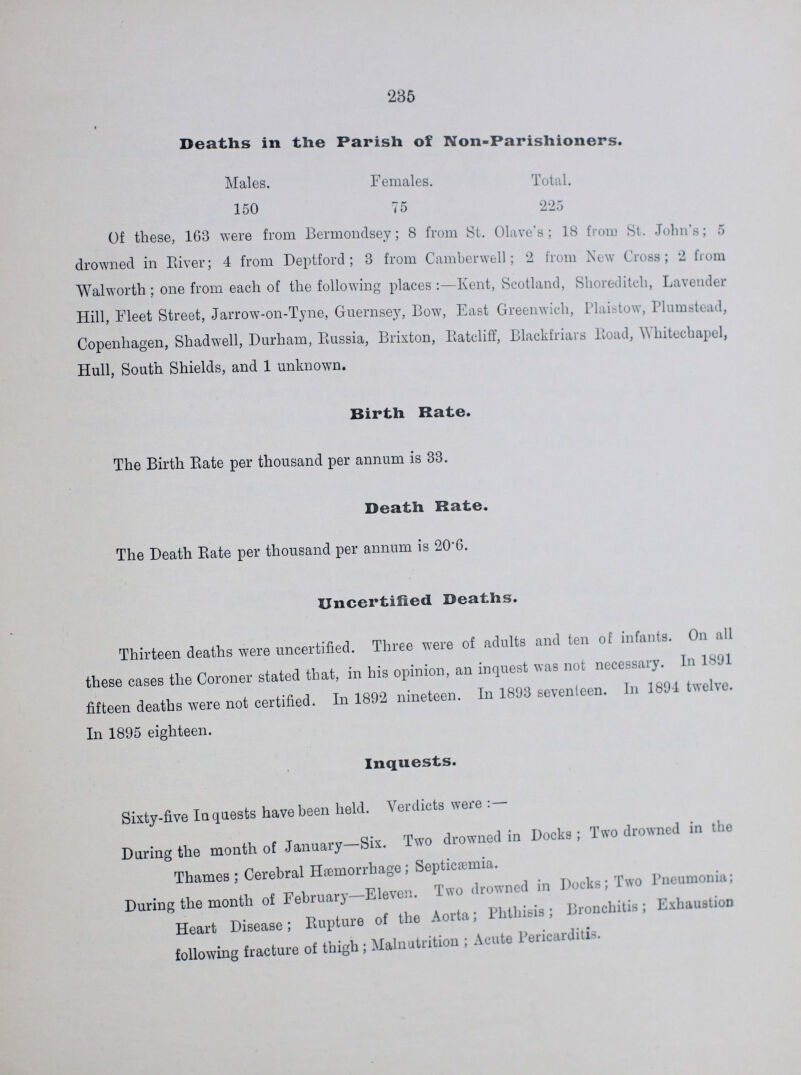235 Deaths in the Parish of Non-Parishioners. Males. Females. Total. 150 75 225 Of these, 163 were from Bermondsey; 8 from St. Olave's ; 18 from St. John's; 5 drowned in River; 4 from Deptford ; 3 from Camberwell; 2 from New Cross; 2 from Walworth ; one from each of the following places Kent, Scotland, Shoreditch, Lavender Hill, Fleet Street, Jarrow-on-Tyne, Guernsey, Bow, East Greenwich, Plaistow, Plumstead, Copenhagen, Shadwell, Durham, Russia, Brixton, Ratcliff, Blackfriars Road, Whitechapel, Hull, South Shields, and 1 unknown. Birth Rate. The Birth Rate per thousand per annum is 33. Death Rate. The Death Rate per thousand per annum is 20.6. Uncertified Deaths. Thirteen deaths were uncertified. Three were of adults and ten of infants. On all these cases the Coroner stated that, in his opinion, an inquest was not necessary. In 1891 fifteen deaths were not certified. In 1892 nineteen. In 1893 seventeen. In 1894 twelve. In 1895 eighteen. Inquests. Sixty-five Inquests have been held. Verdicts were : During the month of January—Six. Two drowned in Docks; Two drowned in the Thames ; Cerebral Hæmorrhage; Septicemia. During the month of February—Eleven. Two drowned in Docks; Two Pneumonia; Heart Disease; Rupture of the Aorta; Phthisis; Bronchitis; Exhaustion following fracture of thigh; Malnutrition ; Acute Pericarditis