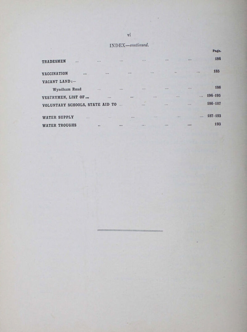vi INDEX—continued. Page. TRADESMEN 184 VACCINATION 185 YACANT LAND:- Wyndham Road 186 VESTRYMEN, LIST OF 194-195 VOLUNTARY SCHOOLS, STATE AID TO 186-187 WATER SUPPLY 187-193 WATER TROUGHS 193