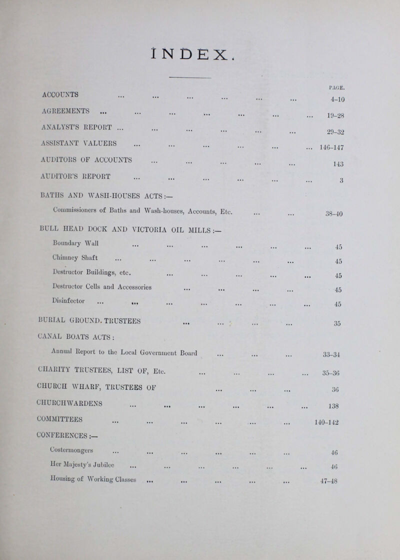 INDEX. PAGE. ACCOUNTS 4-10 AGREEMENTS 19-28 ANALYST'S REPORT 29-32 ASSISTANT VALUERS 146-147 AUDITORS OF ACCOUNTS 143 AUDITOR'S REPORT 3 BATHS AND WASH-HOUSES ACTS:— Commissioners of Baths and Wash-houses, Accounts, Etc. ... ... 38-40 BULL HEAD DOCK AND VICTORIA OIL MILLS Boundary Wall 45 Chimney Shaft 45 Destructor Buildings, etc. 45 Destructor Cells and Accessories 45 Disinfector 45 BURIAL GROUND. TRUSTEES 35 CANAL BOATS ACTS : Annual Report to the Local Government Board 33-34 CHARITY TRUSTEES, LIST OF, Etc. 35-36 CHURCH WHARF, TRUSTEES OF 36 CHURCHWARDENS 138 COMMITTEES 140-142 CONFERENCES Costermongers 46 Her Majesty's Jubilee 46 Housing of Working Classes 47-48