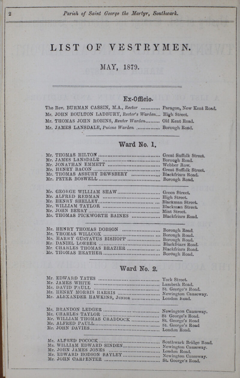 2 Parish of Saint George the Martyr, SouthwarK LIST OF VESTRYMEN. MAY, 1879. Ex-Officio. Tho Rev. BURMAN CASSIN, M.A., Rector Paragon, New Kent Road. Mr. JOHN BOULTON LADBURY, Rector's Warden nigh Street. Mr. THOMAS JOHN ROBINS, Renter Warden Old Kent Road. Mr. JAMES LANSDALE, Puisne Warden Borough Road. Ward No, 1. Mr. THOMAS HILTON Great Suffolk Stroot. Mr. JAMES LANSDALE Borough Road. Mr. JONATHAN EMMETT Webber Row. Mr. HENRY BACON Great Suffolk Street. Mr. THOMAS ASBURY DEWSBERY Blackfriars Road. Mr. PETER BOSWELL Borough Road. Mr. GEORGE WILLIAM SHAW Green Street. Mr. ALFRED REDMAN High Street. Mr. HENRY SHELLEY Blackmail Street. Mr. WILLIAM TAYLOR Blackman Street. Mr. JOHN BERRY Mint Street. Mr. THOMAS PICKWORTH BAINES Blackfriars Road. Mr. HENRY THOMAS DOBSON Borough Road Mr. THOMAS WILLCOX Borough Road. Mr. HARRY GUSTAVUS BISHOPP Borough Road. Mr. DANIEL LOEBER Blackfriars Road. Mr. CHARLES THOMAS BRAZIER Blackfriars Road. Mr. THOMAS HEATHER BorOugh Road. Ward No. 2. Mr. EDWARD YATES York Street. Mr. JAMES WHITE Lambeth Road. Mr. DAVID PAULL St. George's Road. Mr. HENRY MORRIS HARRIS Newington Causeway. Mr. ALEXANDER HAWKINS, Junior London Road. Mr. BRANDON LEDGER Newington Causeway. Mr. CHARLES TAYLOR St George's Road. Mr. WILLIAM THOMAS CRADDOCK St. George's Road Mr. ALERED PaUI.L st. George's Road Mr. JOHN DAVIES London Road. Mr. ALFRED POCOCK Southwark Bridge Road. Mr. WILLIAM EDWARD SINDEN Newington Causeway. Mr. JOHN JAMES JONES London Road. Mr. EDWARD HODSON BAYLEY Newington Causeway. Mr. JOHN CARPENTER St. George's Road.