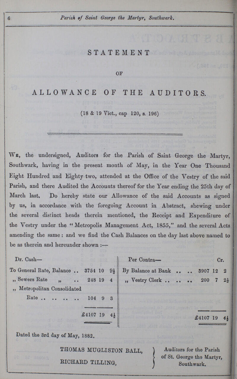 6 Parish of Saint George the Martyr, Southwark. STATEMENT OF ALLOWANCE OF THE AUDITORS. (18 & 19 Vict., cap 120, a. 196) We, the undersigned, Auditors for the Parish of Saint George the Martyr, Southwark, having in the present month of May, in the Year One Thousand Eight Hundred and Eighty two, attended at the Office of the Vestry of the said Parish, and there Audited the Accounts thereof for the Year ending the 25 th day of March last. Do hereby state our Allowance of the said Accounts as signed by us, in accordance with the foregoing Account in Abstract, shewing under the several distinct heads therein mentioned, the Receipt and Expenditure of the Vestry under the Metropolis Management Act, 1855, and the several Acts amending the same : and we find the Cash Balances on the day last above named to be as therein and hereunder shown :— Dr. Cash— Per Contra— Cr. To General Rate, Balance 3754 10 9½ By Balance at Bank 3907 12 2 ,, Sewers Rate „ 248 19 4 ,, Vestry Clerk 200 7 2½ ,, Metropolitan Consolidated Rate 104 9 3 £4107 19 4½ £4107 19 4½ Dated the 3rd day of May, 1882. THOMAS MUGLISTON BALL, RICHARD TILLING, Auditors for the Parish of St. George the Martyr, Southwark.