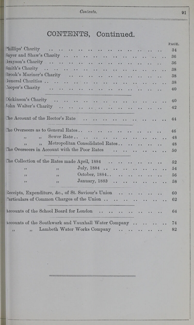 Contents. 91 CONTENTS, Continued. PAGE. Phillips' Charity 34 Sayer and Shaw's Charity 36 Grayson's Charity 36 Smith's Charity 38 Brook's Mariner's Charity 38 General Charities 38 Cooper's Charity 40 Dickinson's Charity 40 John Walter's Charity 42 ???he Account of the Rector's Rate 44 ???he Overseers as to General Rates 46 ,, ,, Sewer Rate 48 ,, ,, Metropolitan Consolidated Rates 48 ???he Overseers in Account with the Poor Rates 50 The Collection of the Rates made April, 1884 52 ,, ,, July, 1884 54 ,, ,, October, 1884 56 ,, ,, January, 1885 58 Receipts, Expenditure, &c., of St. Saviour's Union 60 Particulars of Common Charges of the Union 62 Accounts of the School Board for London 64 Accounts of the Southwark and Vauxhall Water Company 74 ,, ,, Lambeth Water Works Company 82