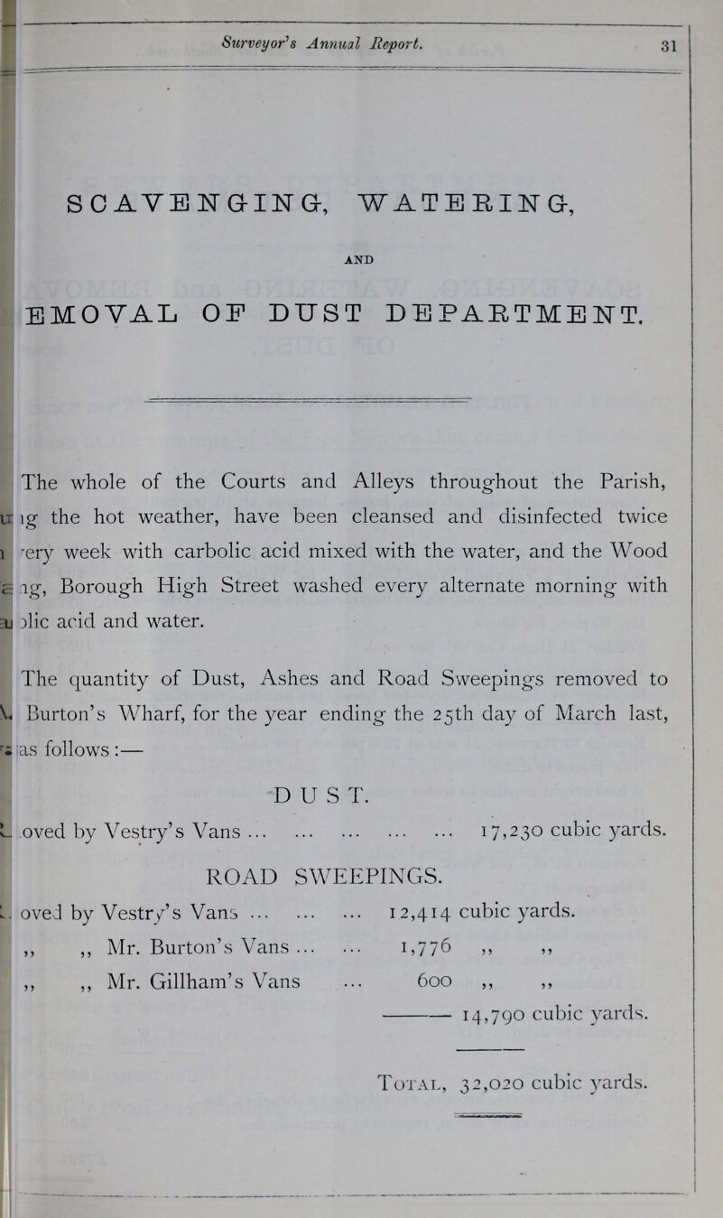 Surveyor's Annual Report. 31 SCAVENGING WATERING and EMOVAL OF DUST DEPARTMENT The whole of the Courts and Alleys throughout the Parish, ???g the hot weather, have been cleansed and disinfected twice Very week with carbolic acid mixed with the water, and the Wood ???ng, Borough High Street washed every alternate morning with ???blic acid and water. The quantity of Dust, Ashes and Road Sweepings removed to Burton's Wharf, for the year ending the 25th day of March last, as follows:— D U S T. oved by Vestry's Vans 17,230 cubic yards. ROAD SWEEPINGS. oved by Vestry's Vans12,414 cubic yards. ,, ,, Mr. Burton's Vans 1,776 ,, ,, ,, ,, Mr. Gillham's Vans 600 ,, ,, 14,790 cubic yards. Total, 32,020 cubic yards.