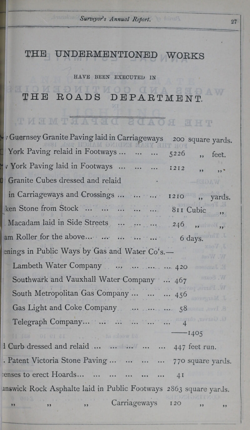 Surveyor's Annual Report. 27 THE UNDERMENTIONED WORKS HAVE BEEN EXECUTED IN THE ROADS DEPARTMENT. ??? Guernsey Granite Paving laid in Carriageways 200 square yards. ??? York Paving relaid in Footways 5226 „ feet. ??? York Paving laid in Footways 1212 „ „ ??? Granite Cubes dressed and relaid in Carriageways and Crossings 1210 ,, yards. ??? ken Stone from Stock 811 Cubic ,, ??? Macadam laid in Side Streets 246 „ „ ??? am Roller for the above 6 days. ??? enings in Public Ways by Gas and Water Co's.- Lambeth Water Company . 420 Southwark and Vauxhall Water Company 467 South Metropolitan Gas Company 456 Gas Light and Coke Company 58 Telegraph Company 4 -1405 ??? Curb dressed and relaid 447 feet run. ??? Patent Victoria Stone Paving 770 square yards. ???enses to erect Hoards 41 ???swick Rock Asphalte laid in Public Footways 2863 square yards. „ „ „ Carriageways 120 „ „