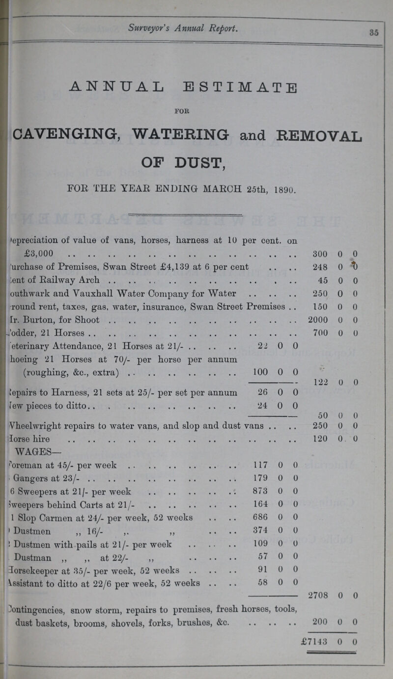 Surveyor's Annual Report. 35 ANNUAL ESTIMATE for CAVENGING, WATERING and REMOVAL OF DUST, FOE THE YEAR ENDING MARCH 25th, 1890. ???epreciation of value of vans, horses, harness at 10 per cent. on £3,000 300 0 0 ???urchase of Premises, Swan Street £4,139 at 6 per cent 248 0 0 Rent of Railway Arc 45 0 0 Southwark and Vauxhall Water Company for Water 250 0 0 round rent, taxes, gas, water, insurance, Swan Street Premises 150 0 0 Mr. Burton, for Shoot 2000 0 0 ???odder, 21 Horses 700 0 0 Veterinary Attendance, 21 Horses at 21/- 22 0 0 hoeing 21 Horses at 70/- per horse per annum (roughing, &c., extra) 100 0 0 122 0 0 Repairs to Harness, 21 sets at 25/- per set per annum 26 0 0 New pieces to ditto 24 0 0 50 0 0 Wheelwright repairs to water vans, and slop and dust vans 250 0 0 Horse hire 120 0 0 WAGES— Foreman at 45/- per week 117 0 0 Gangers at 23/- 179 0 0 6 Sweepers at 21/- per week 873 0 0 Weepers behind Carts at 21/- 164 0 0 1 Slop Carmen at 24/- per week, 52 weeks 686 0 0 ??? Dustmen „ 16/- „ 374 0 0 ! Dustmen with pails at 21/- per week 109 0 0 Dustman „ „ at 22/- „ 57 0 0 Horsekeeper at 35/- per week, 52 weeks 91 0 0 Assistant to ditto at 22/6 per week, 52 weeks 58 0 0 2708 0 0 Contingencies, snow storm, repairs to premises, fresh horses, tools, dust baskets, brooms, shovels, forks, brushes, &c. 200 0 0 £7143 0 0