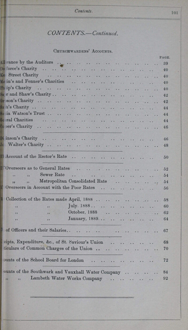 Contents. 101 C ONTENTS.—Continued. Churchwardens' Accounts. PAGE. ???ance by the Auditors 39 ???force's Charity 40 Street Charity 40 ???in's and Fenner's Charities 40 ???ip's Charity 40 ???r and Shaw's Charity 42 ???son's Charity 42 ???'s Charity 44 ???ia Watson's Trust 44 ???ral Charities 44 ???er's Charity 46 ???inson's Charity 46 Walter's Charity 48 Account of the Rector's Rate 50 Overseers as to General Rates 52 „ ,, Sewer Rate 54 ,, ,, Metropolitan Consolidated Rate 54 Overseers in Account with the Poor Rates 56 Collection of the Rates made April, 1888 58 ,, ,, July. 1888 60 ,, ,, October, 1888 62 ,, ,, January, 1889 64 ???of Officers and their Salaries 67 Accepts, Expenditure. &c., of St. Saviour's Union 68 ???ticulars of Common Charges of the Union 70 Accounts of the School Board for London 72 Accounts of the Southwark and Vauxhall Water Company 84 ,, ,, Lambeth Water Works Company 92