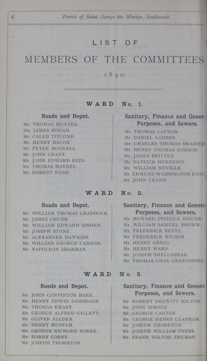 4 Parish of Saint George the Martyr, Southwark.. LIST OF MEMBERS OF THE COMMITTEES 1890. WARD No. 1. Roads and Depot. Mr. THOMAS HUNTER. Mr. JAMES HOGAN. Mr. CALEB TITCOMB Mr. HENRY BACON Mr. PETER BOSWELL Mr. JOHN GRANT. Mr. JOHN EDWARD REID. Mr. THOMAS HAYNES. Mr. ROBERT RUSH. Sanitary, Finance and Gener Purposes, and Sewers. Mr. THOMAS LAYMAN. Mr. DANIEL LOEBER. Mr. CHARLES THOMAS BRAZIER Mr HENRY THOMAS DOBSON. Mr. JAMES BRITTEN. Mr. PATRICK HENNESSY. Mr. WILLIAM NEVILLE. Mr. EDMUND WASHINGTON KNIG. Mr. JOHN CRAMB. WARD No. 2. Roads and Depot. Mr. WILLIAM THOMAS CRADDOCK. Mr. JAMES CHUBB. Mr. WILLIAM EDWARD SINDEN. Mr. JOSEPH STONE. Mr. ALEXANDER HAWKINS. Mr. WILLIAM GEORGE CANNON. Mr. NAPOLEON SHARMAN Sanitary, Finance and General Purposes, and Sewers. Mr EDWARD PRIDDLE SINGER Mr WILLIAM SAMUEL BROWN. Mr. FREDERICK BETTS. Mr. FREDERICK WILSON Mr. HENRY GRIGG. Mr. HENRY WARD. Mr. JOSEPH SHELLSHEAR. Mr THOMAS CHAS GREENSHIEL WARD N o. 3. Roads and Depot. Mr. JOHN CONVINTON BARR. Mr. HENRY EDWIN SAMBROOK Mr. THOMAS EMARY. Mr. GEORGE ALFRED GILLETT. Mr. OLIVER ALLDEN. Mr. HENRY HUFFAM, Mr. GEORGE RICHARD YORKE Mr. HARRY COREY. Mr JOSEPH THORNTON Sanitary, Finance and General Purposes, and Sewers. Mr. ROBERT DREWITT HILTON Mr. JOHN SIMONS. Mr GEORGE CARTER Mr GEORGE HENRY CLAPHAM Mr JOSEPH THORNTON. Mr JOSEPH WILLIAM PAYNE Mr FRANK WILTON TRUMAN