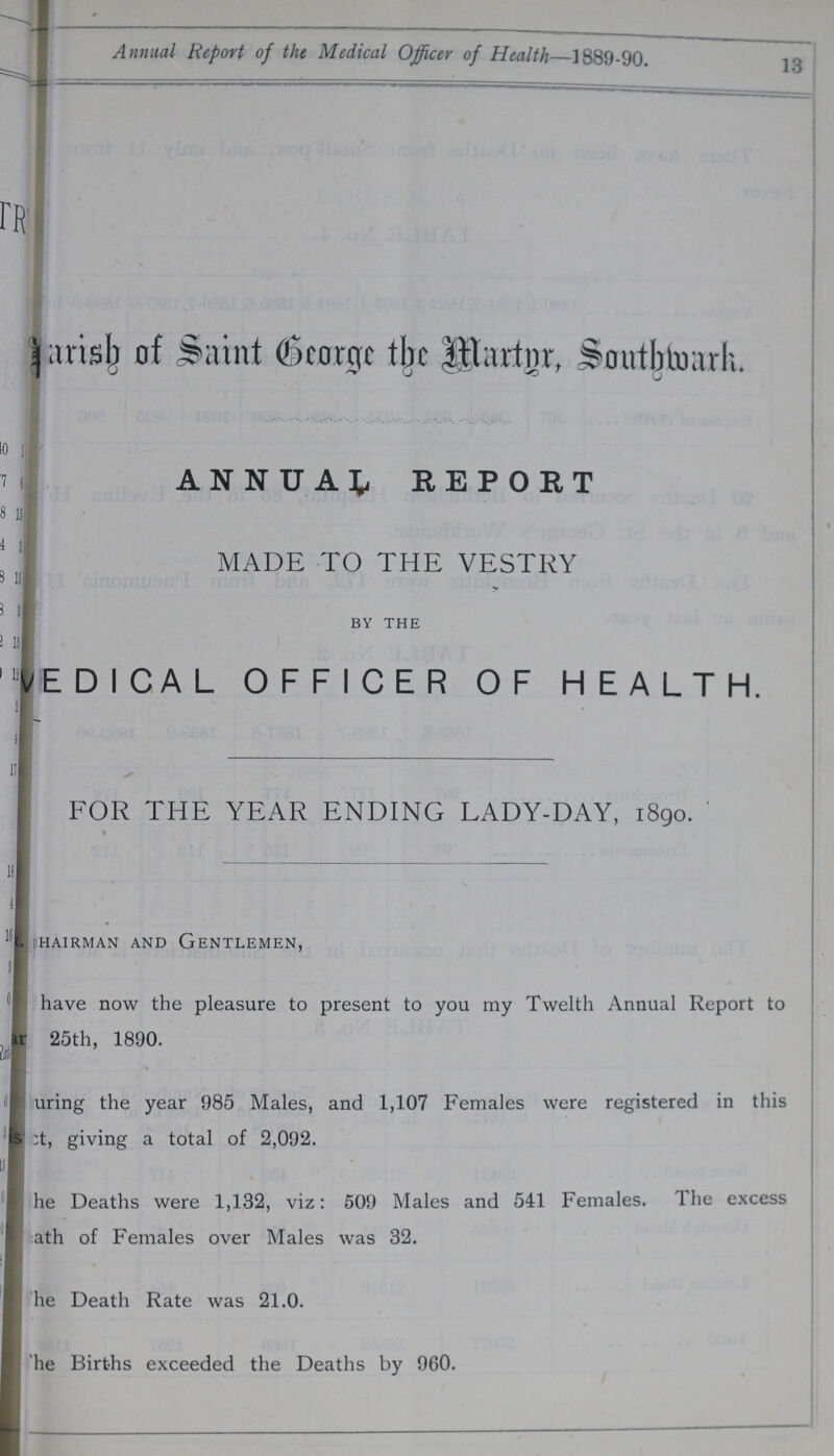 Annual Report of the Medical Officer of Health—1889-90. 13 Parish of Saint George the Martyr, Southwark. ANNUAL REPORT MADE TO THE VESTRY BY THE MEDICAL OFFICER OF HEALTH. FOR THE YEAR ENDING LADY-DAY, 1890. CHAIRMAN AND GENTLEMEN, have now the pleasure to present to you my Twelth Annual Report to 25th, 1890. during the year 985 Males, and 1,107 Females were registered in this act, giving a total of 2,092. the Deaths were 1,132, viz: 509 Males and 541 Females. The excess bath of Females over Males was 32. the Death Rate was 21.0. the Births exceeded the Deaths by 960.