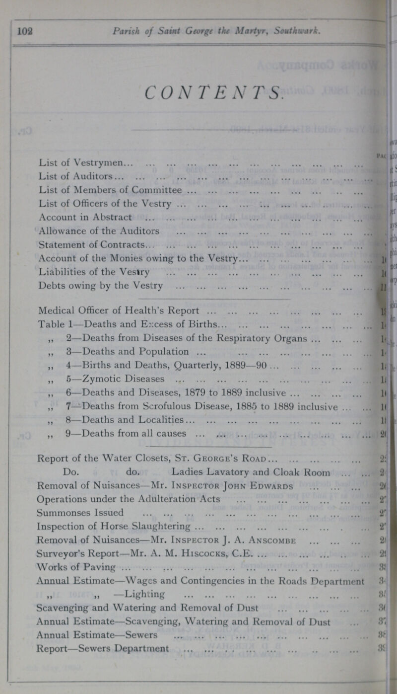 102 Parish of Saint George the Martyr, Southwark. CONTENTS. List of Vestrymen ??? List of Auditors ??? List of Members of Committee ??? List of Officers of the Vestry ??? Account in Abstract ??? Allowance of the Auditors ??? Statement of Contracts ??? Account of the Monies owing to the Vestry ??? Liabilities of the Vestry ??? Debts owing by the Vestry ??? Medical Officer of Health's Report ??? Table 1—Deaths and Excess of Births ??? ,, 2—Deaths from Diseases of the Respiratory Organs ??? ,, 3—Deaths and Population ??? ,, 4—Births and Deaths, Quarterly, 1889—90 ??? ,, 5—Zymotic Diseases ??? ,, 6—Deaths and Diseases, 1879 to 1889 inclusive ??? ,, 7—Deaths from Scrofulous Disease, 1885 to 1889 inclusive ??? ,, 8—Deaths and Localities ??? ,, 9—Deaths from all causes 20 Report of the Water Closets, St. George's Road 25 Do. do. Ladies Lavatory and Cloak Room ??? Removal of Nuisances—Mr. Inspector John Edwards 26 Operations under the Adulteration Acts 27 Summonses Issued 27 Inspection of Horse Slaughtering 27 Removal of Nuisances—Mr. Inspector J. A. Anscombe 28 Surveyor's Report—Mr. A. M. Hiscocks, C.E. 239 Works of Paving ??? Annual Estimate—Wages and Contingencies in the Roads Department 34 „ „ —Lighting 35 Scavenging and Watering and Removal of Dust 36 Annual Estimate—Scavenging, Watering and Removal of Dust Annual Estimate—Sewers 38 Report—Sewers Department 39