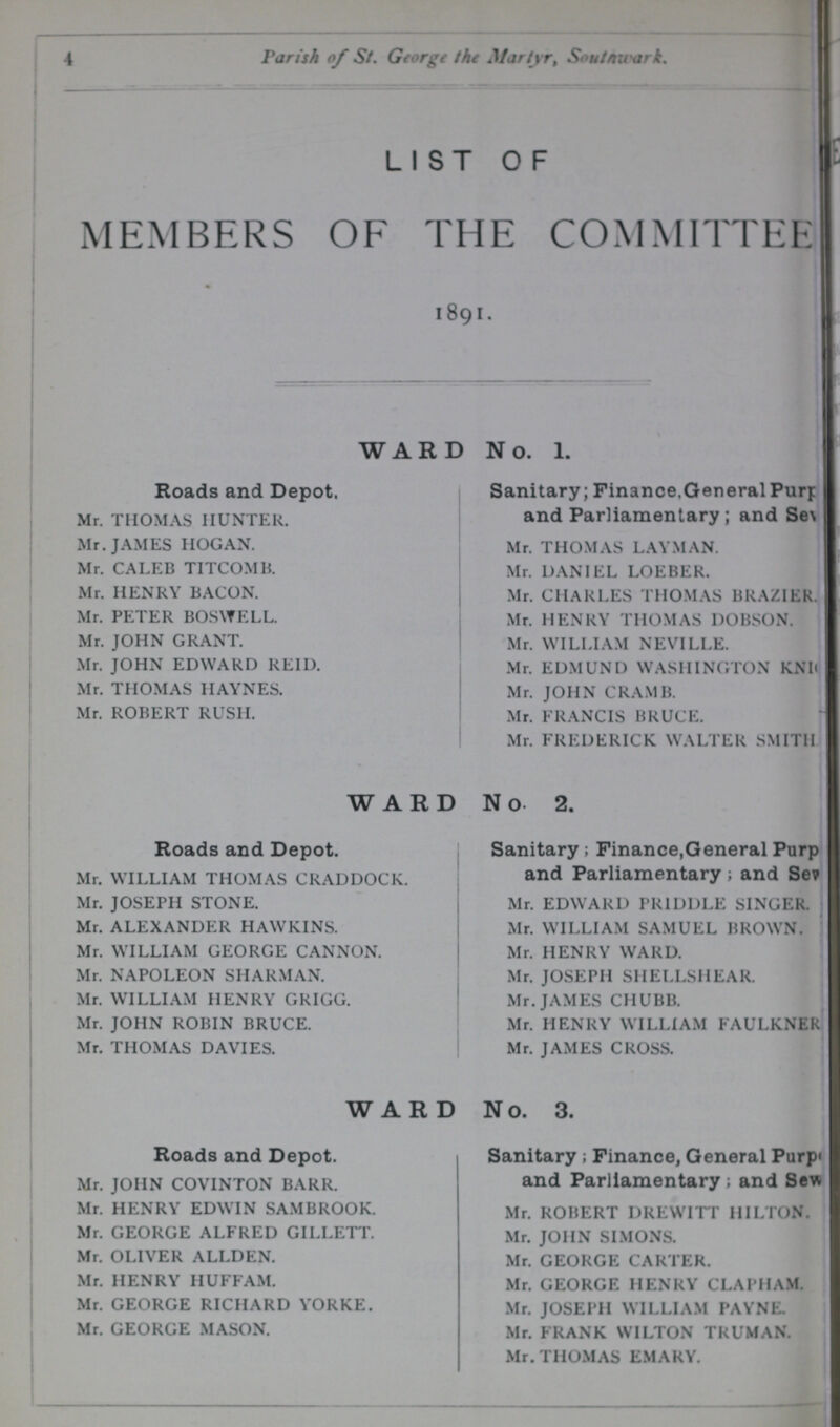4 Parish of St. George the Martyr, Southwark. LIST OF | MEMBERS OF THE COMMITTEE 1891. WARD No. 1. Roads and Depot. Mr. THOMAS IIUNTER. Mr. JAMES HOGAN. Mr. CALEB TITCOMB. Mr. HENRY BACON. Mr. PETER BOSNTELL. Mr. JOHN GRANT. Mr. JOHN EDWARD REID. Mr. THOMAS IIAYNES. Mr. ROBERT RUSH. Sanitary; Finance.General Purpose and Parliamentary; and Se??? Mr. THOMAS LAYMAN. Mr. DANIEL LOEBER. Mr. CHARLES THOMAS BRAZIER. Mr. HENRY THOMAS DOBSON. Mr. WILLIAM NEVILLE. Mr. EDMUND WASHINGTON KN??? Mr. JOHN CRAMB. Mr. FRANCIS BRUCE. Mr. FREDERICK WALTER SMITH WARD No 2. Roads and Depot. Mr. WILLIAM THOMAS CRADDOCK. Mr. JOSEPH STONE. Mr. ALEXANDER HAWKINS. Mr. WILLIAM GEORGE CANNON. Mr. NAPOLEON SHARMAN. Mr. WILLIAM HENRY GRIGG. Mr. JOHN ROBIN BRUCE. Mr. THOMAS DAVIES. Sanitary; Finance.General Purpose and Parliamentary; and Sev??? Mr. EDWARD PR1DDLE SINGER Mr. WILLIAM SAMUEL BROWN. Mr. HENRY WARD. Mr. JOSEPH SHELLSHEAR. Mr. JAMES CHUBB. Mr. HENRY WILLIAM FAULKNER Mr. JAMES CROSS. WARD No. 3. Roads and Depot. Mr. JOHN COVINTON BARR. Mr. HENRY EDWIN SAMBROOK Mr. GEORGE ALFRED GILLETT. Mr. OLIVER ALLDEN. Mr. HENRY HUFFAM. Mr. GEORGE RICHARD YORKE. Mr. GEORGE MASON. Sanitary; Finance, General Purpose and Parliamentary; and Sev??? Mr. ROBERT DREWITT HILTON. Mr. JOHN SIMONS. Mr. GEORGE CARTER. Mr. GEORGE HENRY CLAPHAM. Mr. JOSEPH WILLIAM PAYNE. Mr. FRANK WILTON TRUMAN. Mr. THOMAS EMARY.