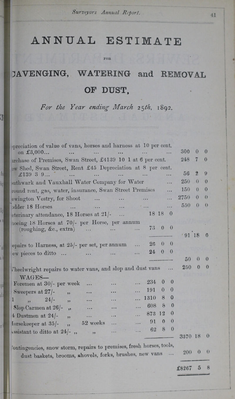 Surveyor's Annual Report. 41 ANNUAL ESTIMATE for CAVENGING, WATERING and REMOVAL OF DUST, For the Year ending March 25th, 1892. ???epreciation of value of vans, horses and harness at 10 per cent. on £3,000 300 0 0 Purchase of Premises, Swan Street, £4139 10 1 at 6 per cent. 248 7 0 ???ew Shed, Swan Street, Rent £45 Depreciation at 8 per cent. £139 3 9 56 2 9 ???uthwark and Vauxhall Water Company for Water 250 0 0 round rent, gas, water, insurance, Swan Street Premises 150 0 0 ewington Vestry, for Shoot 2750 0 0 ???odder 18 Horses 550 0 0 ???eterinary attendance, 18 Horses at 21/- 18 18 0 ???noeing 18 Horses at 70/- per Horse, per annum (roughing, &c., extra) 73 0 0 91 18 0 epairs to Harness, at 25/- per set, per annum 26 0 0 ew pieces to ditto 24 0 0 50 0 0 Wheelwright repairs to water vans, and slop and dust vans 250 0 0 WAGES— Foremen at 30/- per week 234 0 0 Sweepers at 27/- „ 191 0 0 1 „ 24/- „ 1310 8 0 Slop Carmen at 26/- „ 608 8 0 4 Dustmen at 24/- „ 873 12 0 ???orsekeeper at 35/- ,, 52 weeks 91 0 0 Assistant to ditto at 24/- „ „ 62 8 0 3370 18 0 Contingencies, snow storm, repairs to premises, fresh horses, tools, dust baskets, brooms, shovels, forks, brushes, new vans 200 0 0 • £8267 5 8