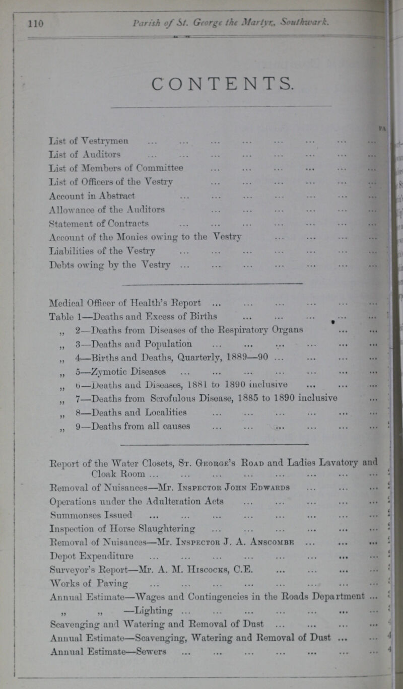 110 Parish of St. George the Martyr,Southwark. CONTENTS. List of Vestrymen List of Auditors List of Members of Committee List of Officers of the Vestry Account in Abstract Allowance of the Auditors Statement of Contracts Account of the Monies owing to the Vestry Liabilities of the Vestry Debts owing: by the Vestry Medical Officer of Health's Report Table 1—Deaths and Excess of Births „ 2—Deaths from Diseases of the Respiratory Organs ,, 3—Doaths and Population „ 4—Births and Deaths, Quarterly, 1889—90 „ 5—Zymotic Diseases „ 0—Deaths and Diseases, 1881 to 1890 inclusive „ 7—Deaths from Scrofulous Disease, 1885 to 1890 inclusive „ 8—Deaths and Localities „ 9—Deaths from all causes 2 Report of the Water Closets, St. George's Road and Ladies Lavatory and Cloak Room 2 Removal of Nuisances—Mr. Inspector John Edwards 2 Operations under the Adulteration Acts 2 Summonses Issued Inspection of Horse Slaughtering 2 Removal of Nuisances—Mr. Inspector J. A. Anscombr3 Depot Expenditure Surveyor's Report—Mr. A. M. Hiscocks, C.E. 3 Works of Paving Annual Estimate—Wages and Contingencies in the Roads Department 4 „ „ —Lighting Scavenging and Watering and Eemoval of Dust 4 Annual Estimate—Scavenging, Watering and Removal of Dust 4 Annual Estimate—Sewers 4