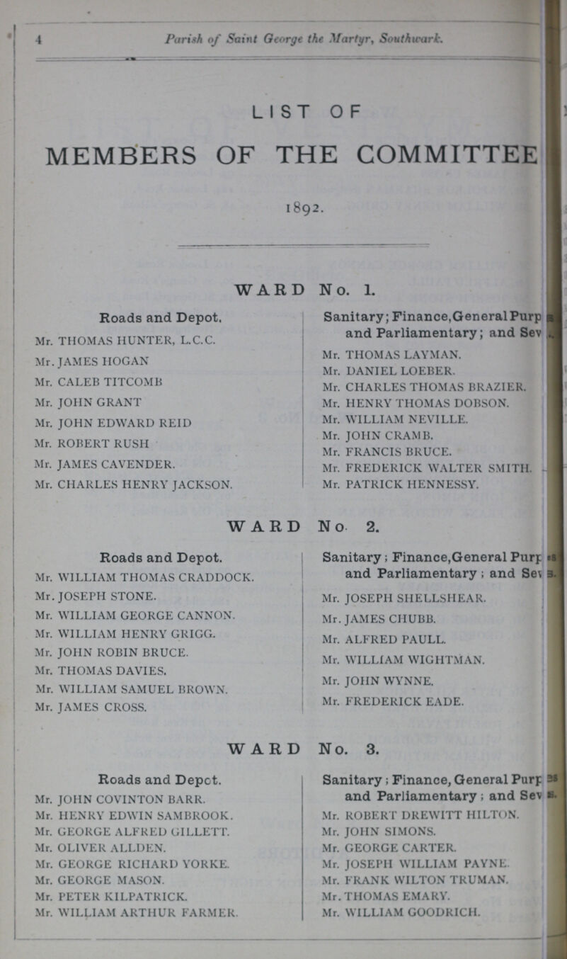 4 Parish of Saint George the Martyr, Southwark. LIST OF MEMBERS OF THE COMMITTEE 1892. WARD No. 1. Roads and Depot. Mr. THOMAS HUNTER, L.C.C. Mr. JAMES HOGAN Mr. CALEB TITCOMB Mr. JOHN GRANT Mr. JOHN EDWARD REID Mr. ROBERT RUSH Mr. JAMES CAVENDER. Mr. CHARLES HENRY JACKSON. Sanitary; Finance,General Pur??? and Parliamentary; and Sev??? Mr. THOMAS LAYMAN. Mr. DANIEL LOEBER. Mr. CHARLES THOMAS BRAZIER. Mr. HENRY THOMAS DOBSON. Mr. WILLIAM NEVILLE. Mr. JOHN CRAMB. Mr. FRANCIS BRUCE. Mr. FREDERICK WALTER SMITH. Mr. PATRICK HENNESSY. WARD No 2. Roads and Depot. Mr. WILLIAM THOMAS CRADDOCK. Mr. JOSEPH STONE. Mr. WILLIAM GEORGE CANNON. Mr. WILLIAM HENRY GRIGG. Mr. JOHN ROBIN BRUCE. Mr. THOMAS DAVIES. Mr. WILLIAM SAMUEL BROWN. Mr. JAMES CROSS. Sanitary; Finance,General Purp??? and Parliamentary; and Sev Mr. JOSEPH SHELLSHEAR. Mr. JAMES CHUBB. Mr. ALFRED PAULL. Mr. WILLIAM WIGHTMAN. Mr. JOHN WYNNE. Mr. FREDERICK EADE. WARD No. 3. Roads and Depot. Mr. JOHN COVINTON BARR. Mr. HENRY EDWIN SAMBROOK. Mr. GEORGE ALFRED GILLETT. Mr. OLIVER ALLDEN. Mr. GEORGE RICHARD YORKE. Mr. GEORGE MASON. Mr. PETER KILPATRICK. Mr. WILLIAM ARTHUR FARMER. Sanitary; Finance, General Purp??? and Parliamentary; and Sev??? Mr. ROBERT DREWITT HILTON. Mr. JOHN SIMONS. Mr. GEORGE CARTER. Mr. JOSEPH WILLIAM PAYNE. Mr. FRANK WILTON TRUMAN. Mr. THOMAS EMARY. Mr. WILLIAM GOODRICH.