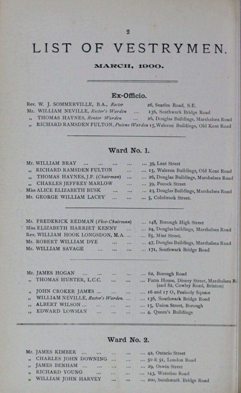 2 LIST OF VESTRYMEN. MARCH, l9OO. Ex-Offlcio. Rev. W. J. SOMMERVILLE, B.A., Rector 26, Searles Road, S.E. Mr. WILLIAM NEVILLE, Rector's Warden 136, Southwark Bridge Road ,, THOMAS HAYNES, Renter IVarden 26, Douglas Buildings, Marshalsea Road „ RICHARD RAMSDEN FULTON, Puisne IVarden l5,Waleran Buildings, Old Kent Road Ward No. X. Mr. WILLIAM BRAY 39, Lant Street „ RICHARD RAMSDEN FULTON 15, Waleran Buildings, Old Kent Road ,, THOMAS HAYNES, J.P. [Chairman) 26, Douglas Buildings, Marshalsea Road „ CHARLES JEFFREY MARLOW 39, Pocock Street Miss ALICE ELIZABETH BUSK 23, Douglas Buildings, Marshalsea Road Mr. GEORGE WILLIAM LACEY 5, Colnbrook Street. Mr. FREDERICK REDMAN (Vice-Chair man) 148, Borough High Street Miss ELIZABETH HARRIET KENNY 24, Douglas buildings, Marshalsea Road Rev. WILLIAM HOOK LONGSDON, M.A 85, Mint Street. Mr. ROBERT WILLIAM DYE 47, Douglas Buildings, Marshalsea Road Mr. WILLIAM SAVAGE 171, Southwark Bridge Road Mr. JAMES HOG AN 62, Borough Road „ THOMAS HUNTER, L.C.C Farm House, Disney Street, Marshalsea R (and 82, Cowley Road, Brixton) „ JOHN CROKER JAMES 16 and 17 O, Peabody Squaie „ WILLIAM NEVILLE, Rector's IVarden 136, Southwark Bridge Road ,, ALBERT WILSON 15, Union Street, Borough ,, EDWARD LOWMAN 4, Queen's Buildings Ward No. 2. Mr. JAMES KIMBER 42, Ontario Street „ CHARLES JOHN DOWNING 50&51, London Road „ JAMES BENHAM 29, Oswin Street „ RICHARD YOUNG 143, Waterloo Road „ WILLIAM JOHN HARVEY 200, Southwark Bridge Road