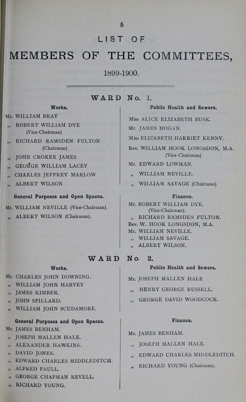 5 LIST OF members of the committees, 1899-1900. WARD No. 1. Works. Mr. WILLIAM BRAY „ ROBERT WILLIAM DYE (Vice-Chairman) ,, RICHARD RAMSDEN FULTON (Chairman) „ JOHN CROKER JAMES „ GEORGE WILLIAM LACEY „ CHARLES JEFFREY MARLOW „ ALBERT WILSON General Purposes and Open Spaces. Mr. WILLIAM NEVILLE (Vice-Chairman). „ ALBERT WILSON (Chairman). Public Health and Sewers. Miss ALICE ELIZABETH BUSK. Mr. JAMES HOG AN. Miss ELIZABETH HARRIET KENNY. Rev. WILLIAM HOOK LONGSDON, M.A. (Vice-Chairman) Mr. EDWARD LOWMAN. „ WILLIAM NEVILLE. „ WILLIAM SAVAGE (Chairman). Finance. Mr. ROBERT WILLIAM DYE. (Vice-Chairman). „ RICHARD RAMSDEiN FULTON. Rev. W. HOOK LONGSDON, M.A. Mr. WILLIAM NEVILLE. „ WILLIAM SAVAGE. „ ALBERT WILSON. WARD No. 2. Works. Mr. CHARLES JOHN DOWNING. „ WILLIAM JOHN HARVEY „ JAMES KIMBER. „ JOHN SPILLARD. „ WILLIAM JOHN SCUDAMORE. General Purposes and Open Spaces. Mr. JAMES BENHAM. „ JOSEPH MALLEN HALE. „ ALEXANDER HAWKINS. DAVID JONES. „ EDWARD CHARLES MIDDLED1TCH. .. ALFRED PAULL. GEORGE CHAPMAN REVELL. i. RICHARD YOUNG. Public Health and Sewers. Mr. JOSEPH MALLEN HALE „ HENRY GEORGE RUSSELL. ,, GEORGE DAVID WOODCOCK. Finance. Mr. JAMES BENHAM. „ JOSEPH MALLEN HALE. „ EDWARD CHARLES MIDDLEDITCH. „ RICHARD YOUNG (Chairman).